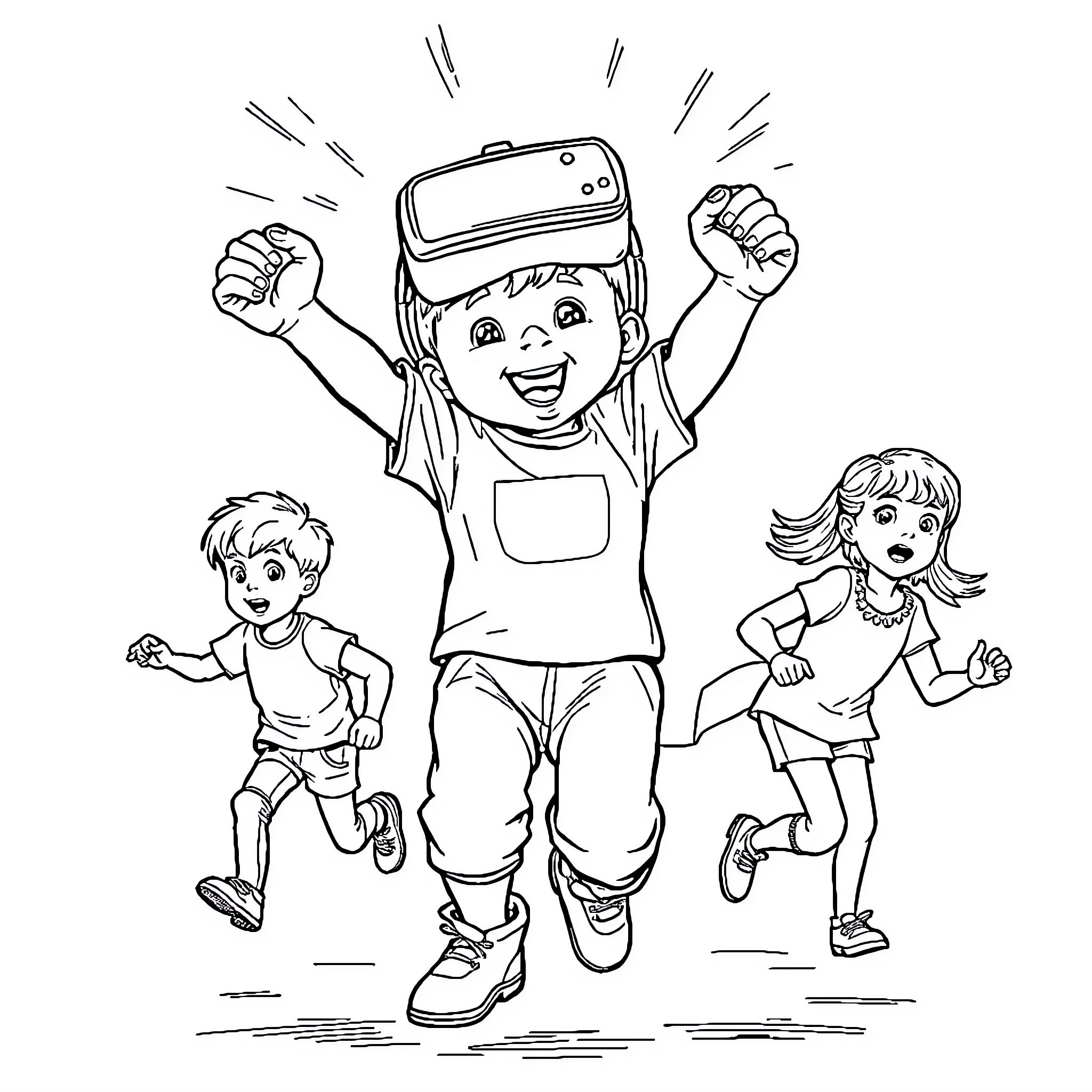 Toddler enjoying virtual reality experience with friends Coloring Page (free black-and-white line drawing printable PDF for all, from beginners to advanced learners, including children, teens, adults, and seniors)