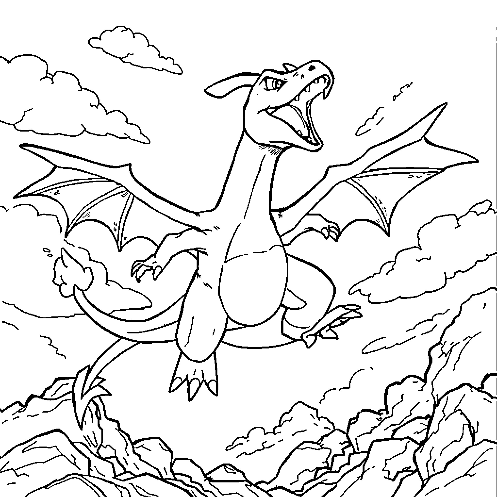 Charizard soaring through a cloudy sky Coloring Page (free black-and-white line drawing printable PDF for all, from beginners to advanced learners, including children, teens, adults, and seniors)