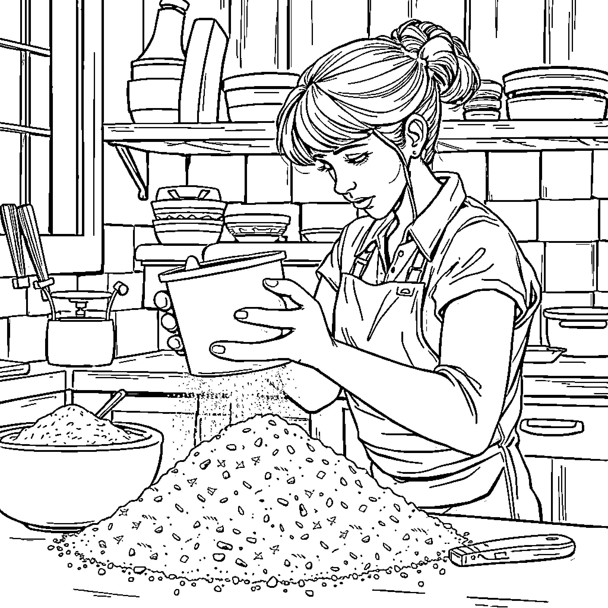 Taylor Swift Cooking in the Kitchen Coloring Page (free black-and-white line drawing printable PDF for all, from beginners to advanced learners, including children, teens, adults, and seniors)