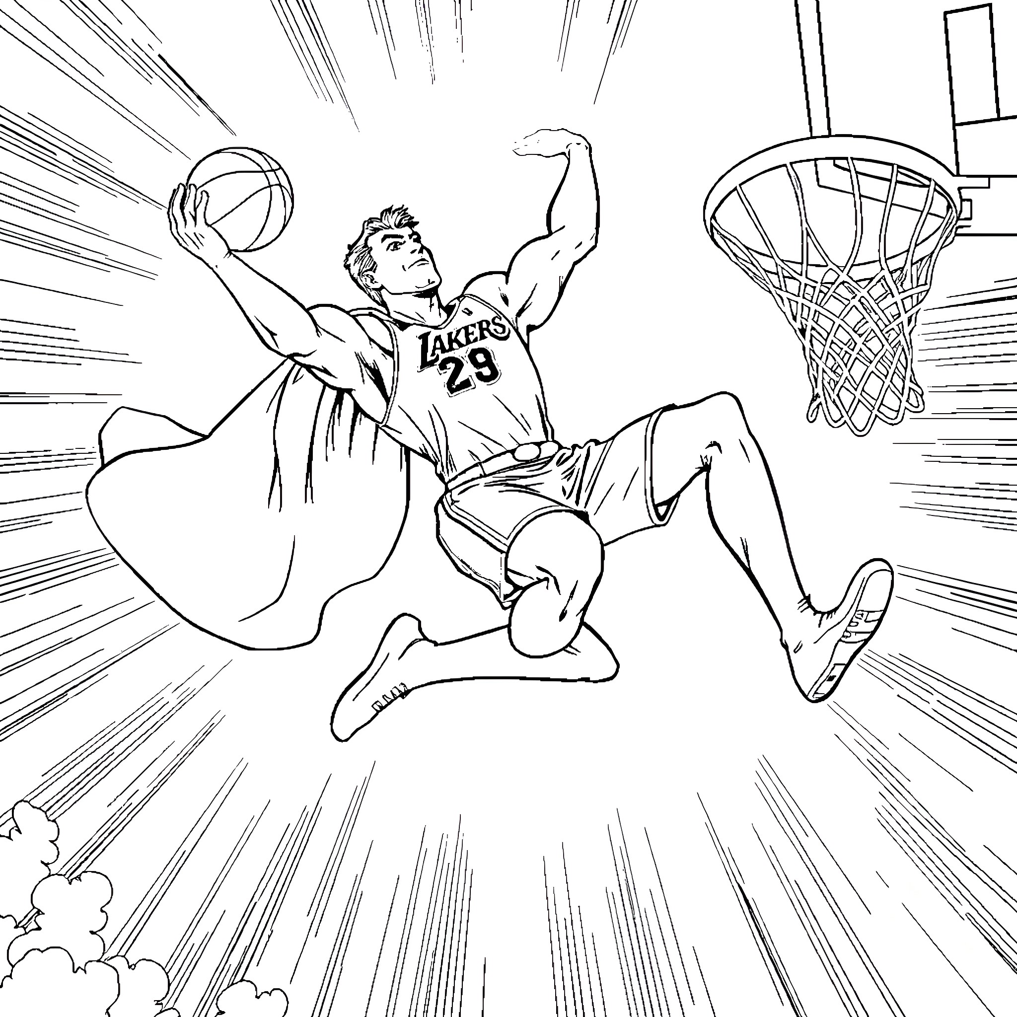 Superman Basketball Player Scoring Epic Dunk Coloring Page (free black-and-white line drawing printable PDF for all, from beginners to advanced learners, including children, teens, adults, and seniors)