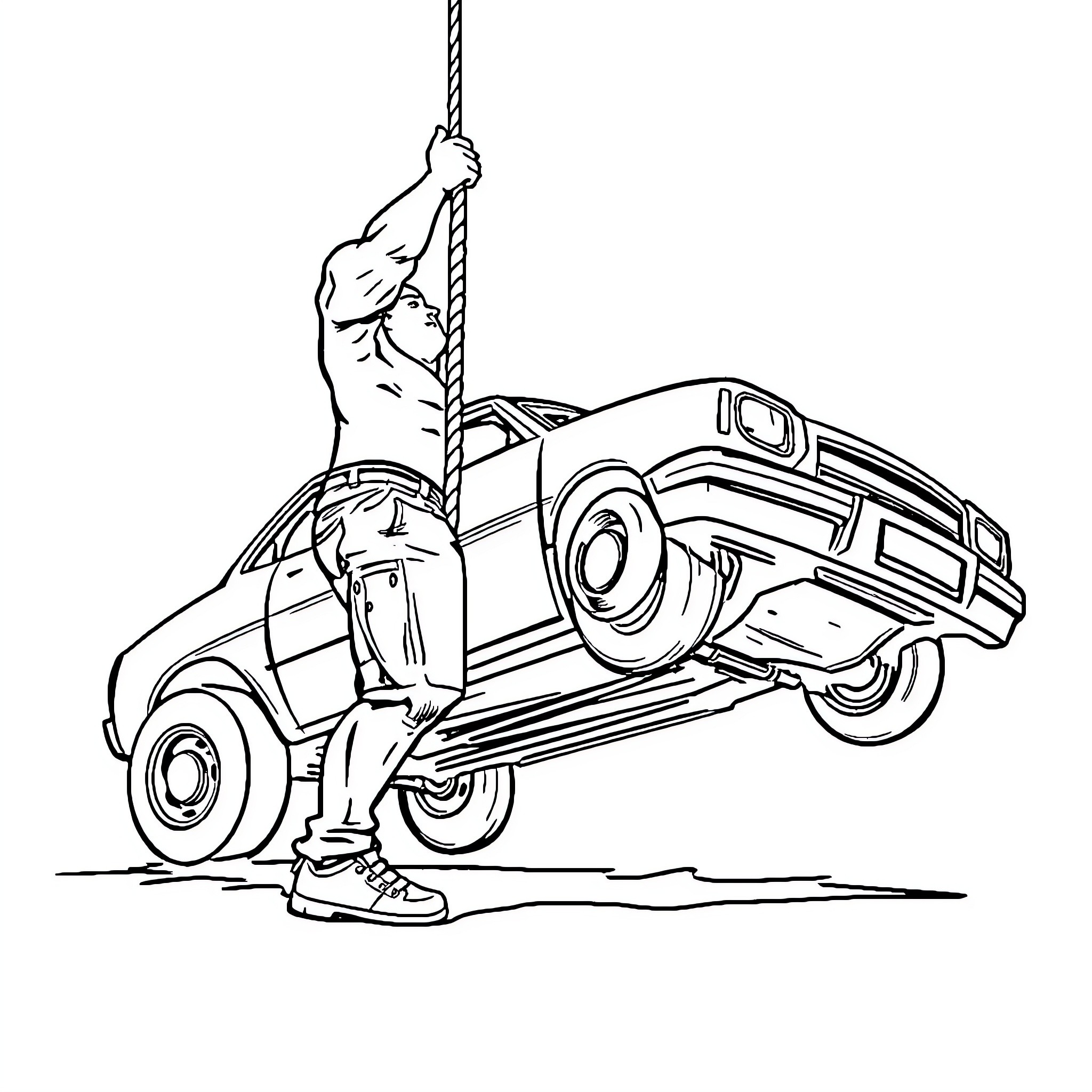 Guy hanging off vehicle with rope Coloring Page (free black-and-white line drawing printable PDF for all, from beginners to advanced learners, including children, teens, adults, and seniors)
