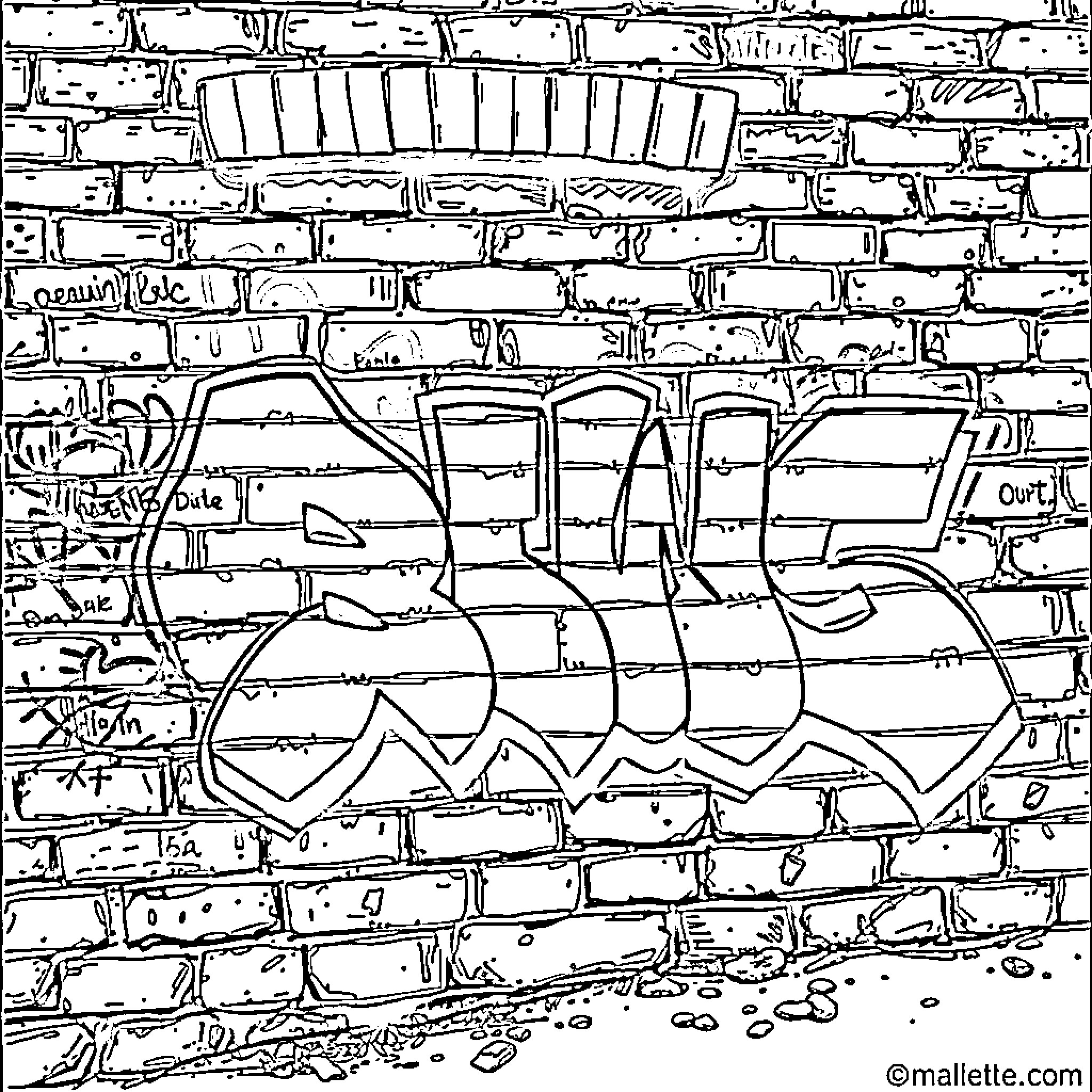 Graffiti on a weathered brick wall Coloring Page (free black-and-white line drawing printable PDF for all, from beginners to advanced learners, including children, teens, adults, and seniors)