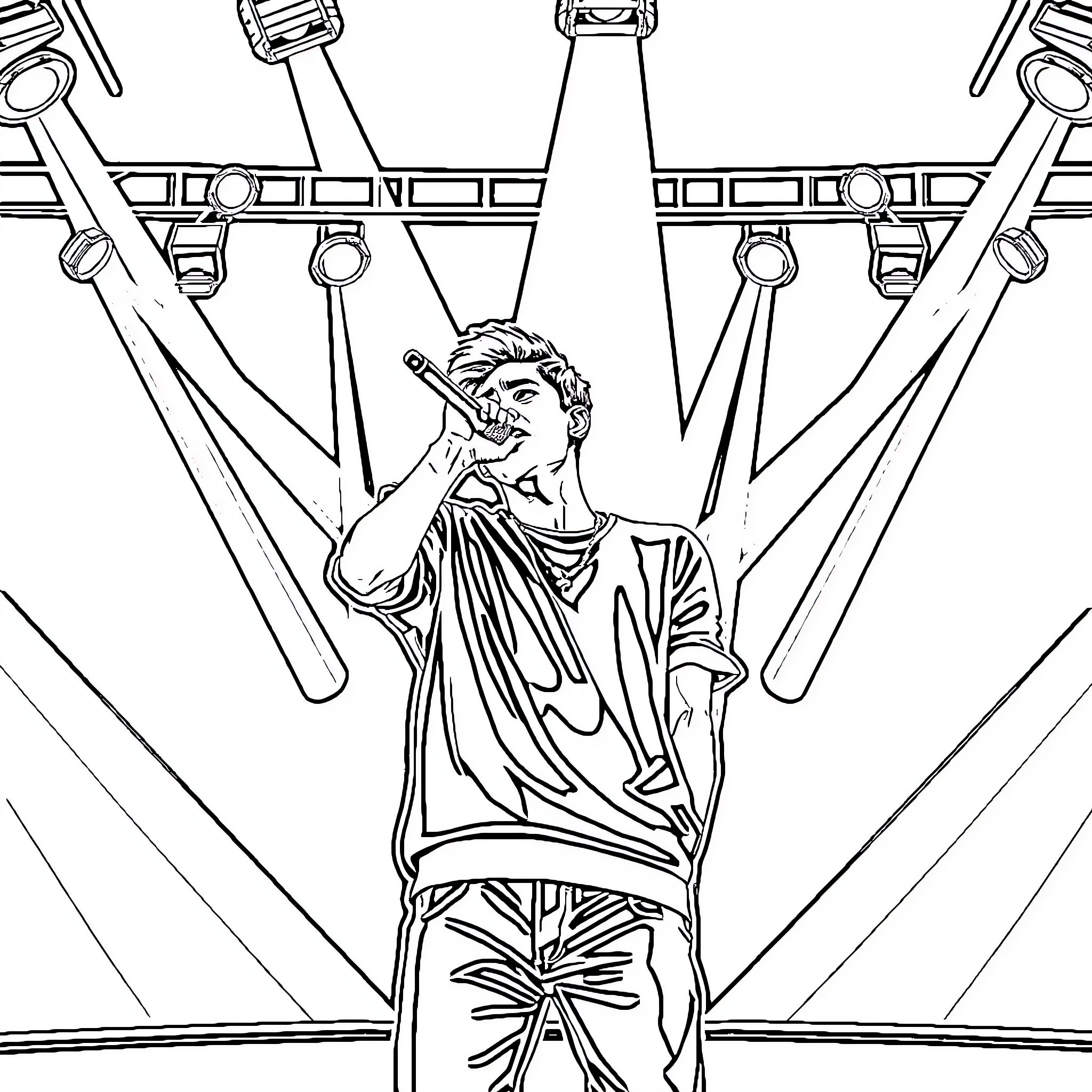 Justin Bieber Performing on Stage Coloring Page (free black-and-white line drawing printable PDF for all, from beginners to advanced learners, including children, teens, adults, and seniors)