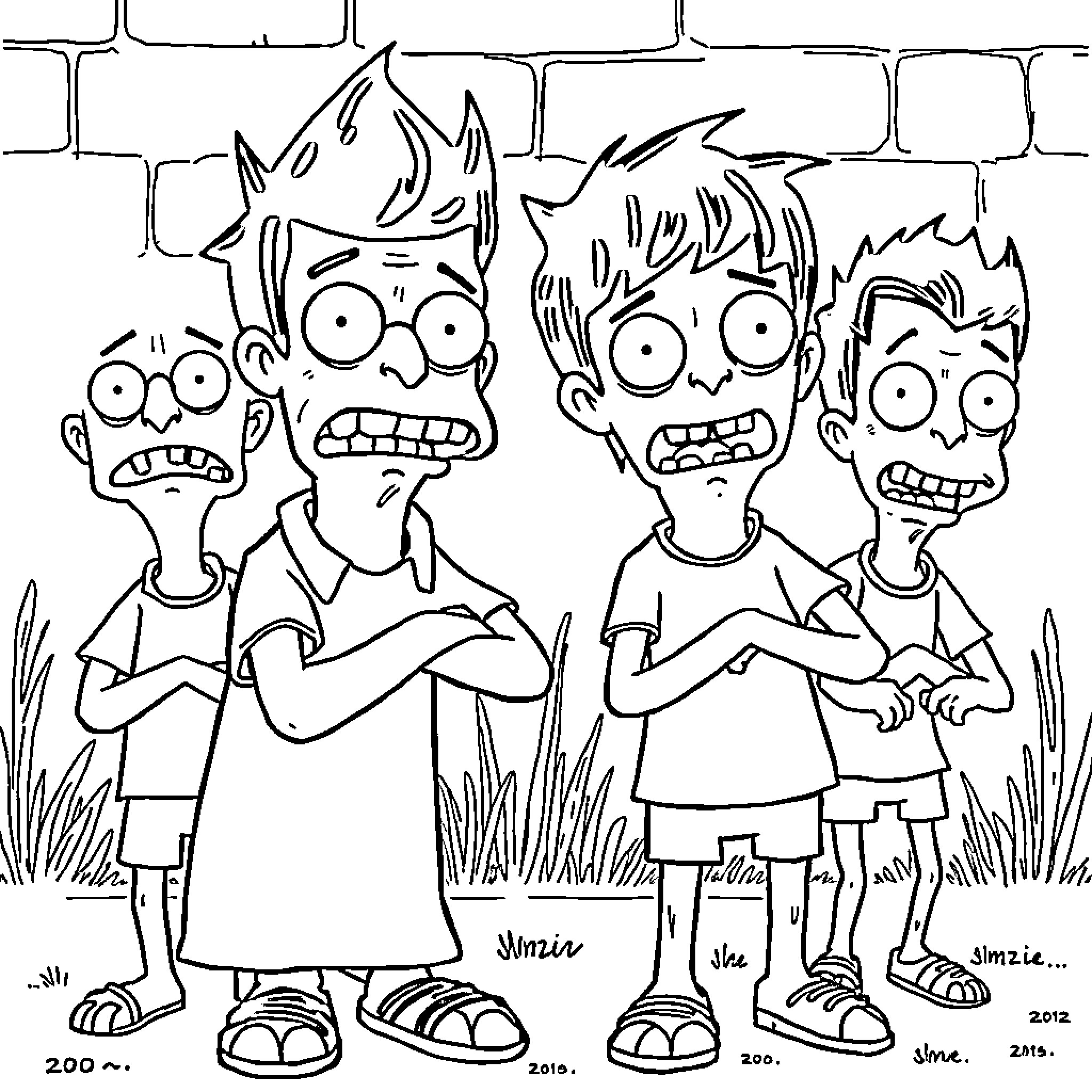 Zombie boys with wild hair and frightened expressions Coloring Page (free black-and-white line drawing printable PDF for all, from beginners to advanced learners, including children, teens, adults, and seniors)