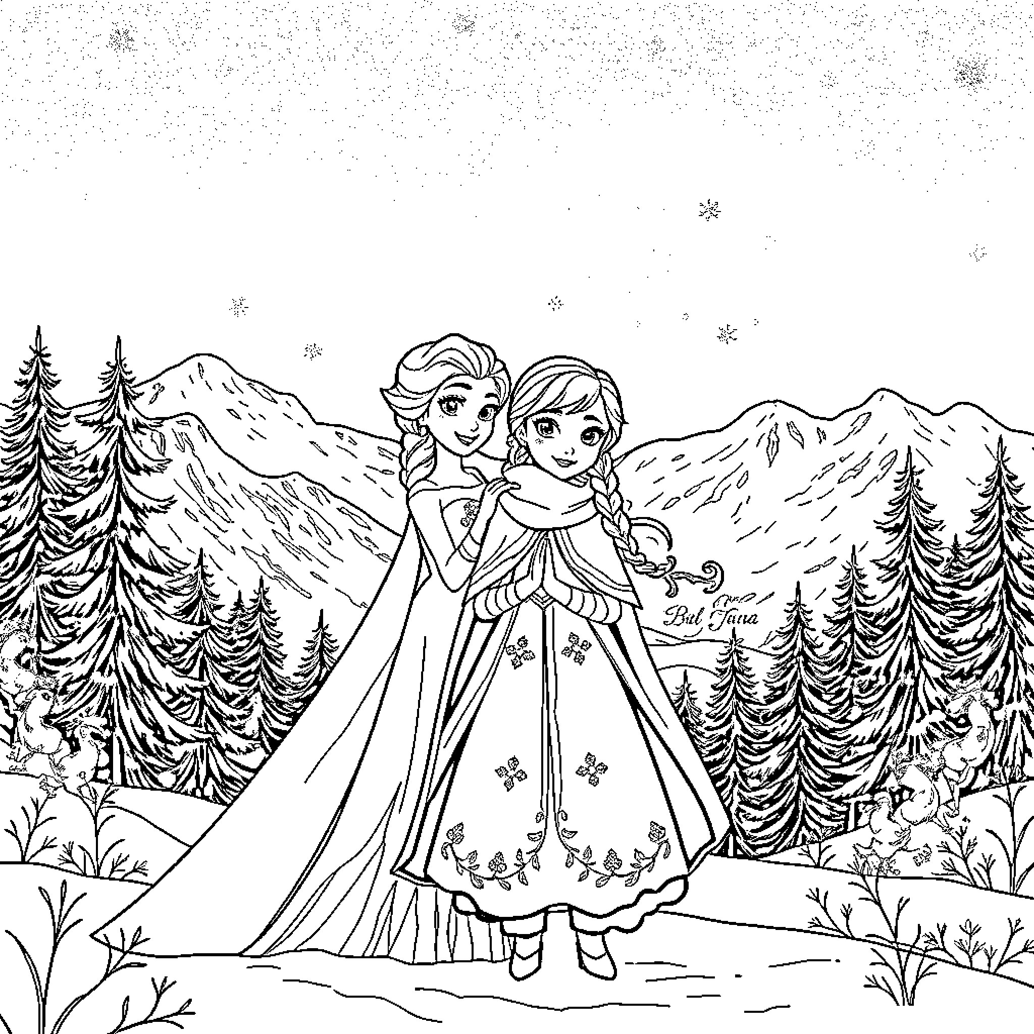 Elsa and Anna in Winter Wonderland Coloring Page (free black-and-white line drawing printable PDF for all, from beginners to advanced learners, including children, teens, adults, and seniors)