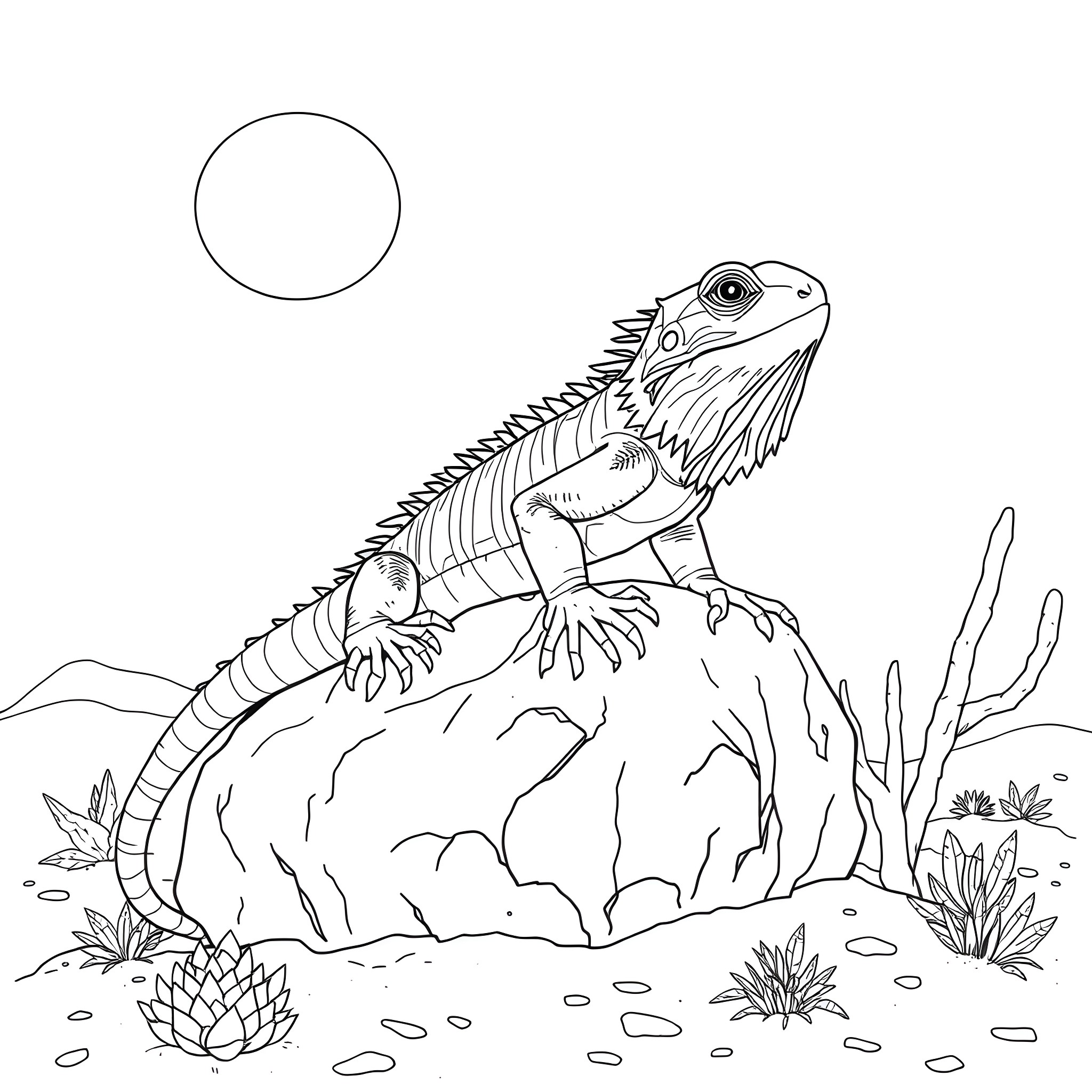 Bearded Dragon Exploring Rocky Terrain Coloring Page (free black-and-white line drawing printable PDF for all, from beginners to advanced learners, including children, teens, adults, and seniors)