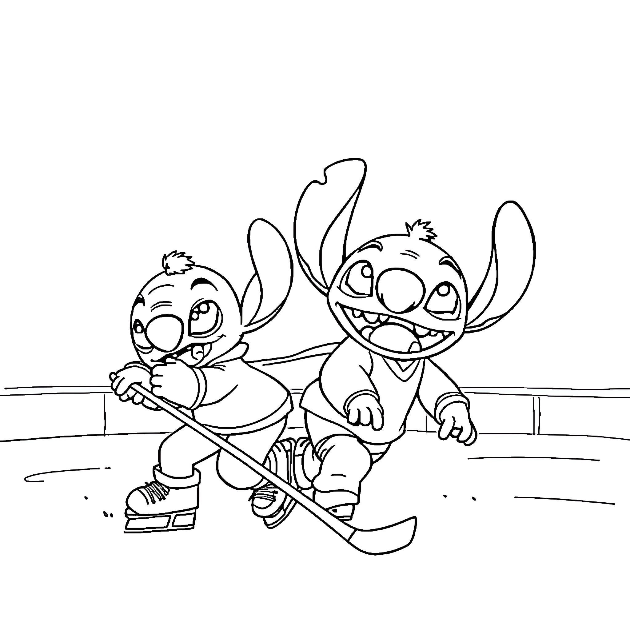 Stitch and Experiment 626 playing together Coloring Page (free black-and-white line drawing printable PDF for all, from beginners to advanced learners, including children, teens, adults, and seniors)