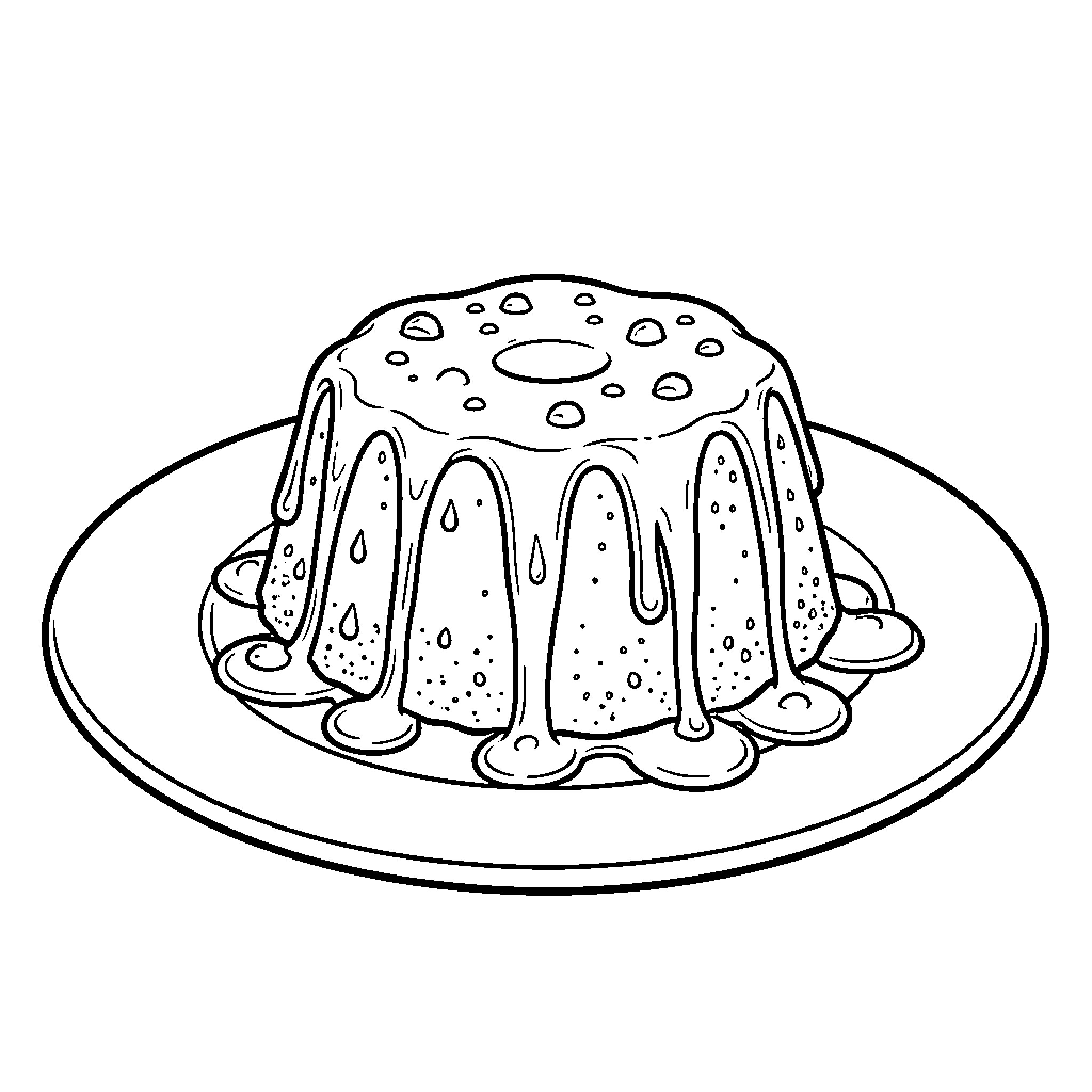 Toffee pudding served on a large plate Coloring Page (free black-and-white line drawing printable PDF for all, from beginners to advanced learners, including children, teens, adults, and seniors)