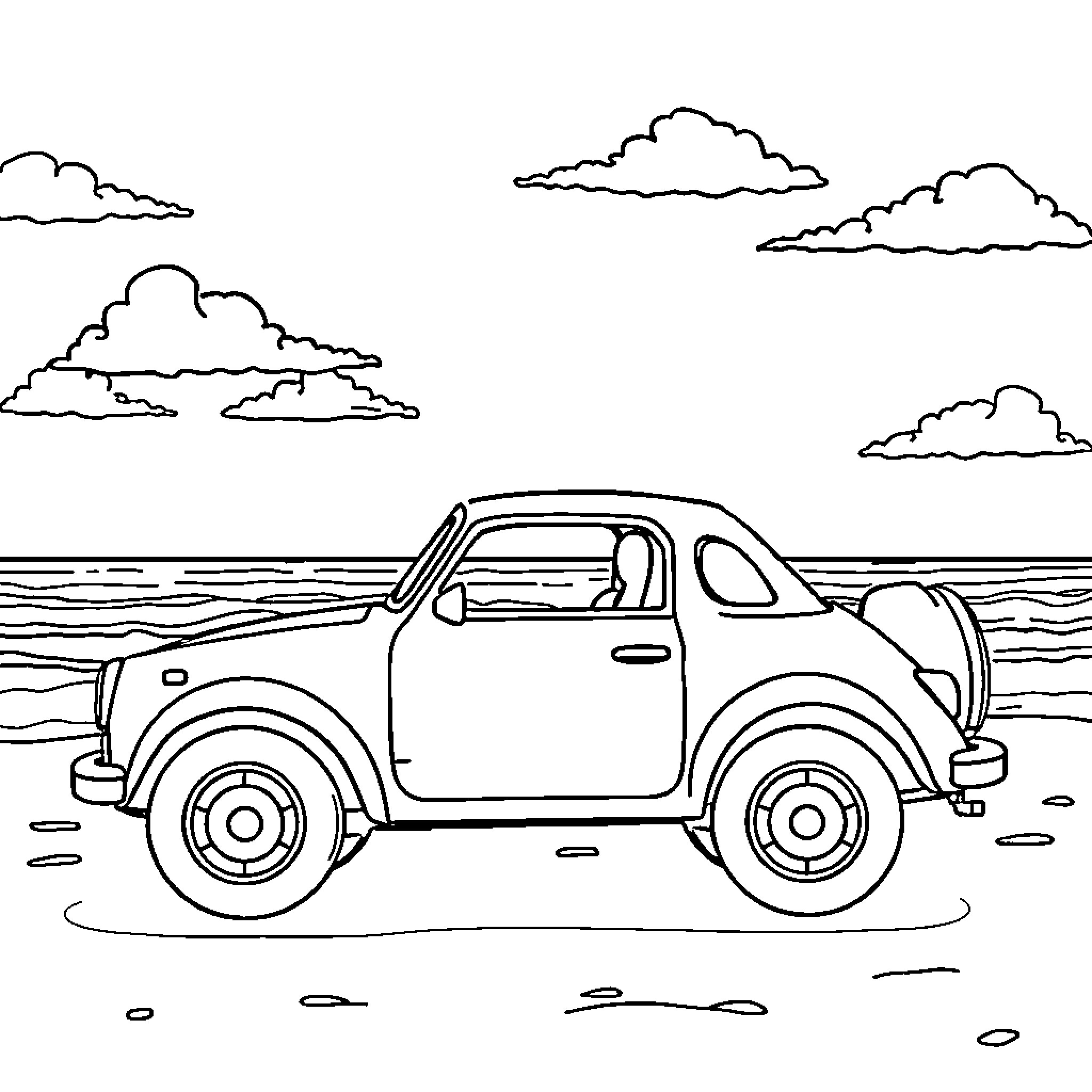 Car parked on beach with clouds Coloring Page (free black-and-white line drawing printable PDF for all, from beginners to advanced learners, including children, teens, adults, and seniors)