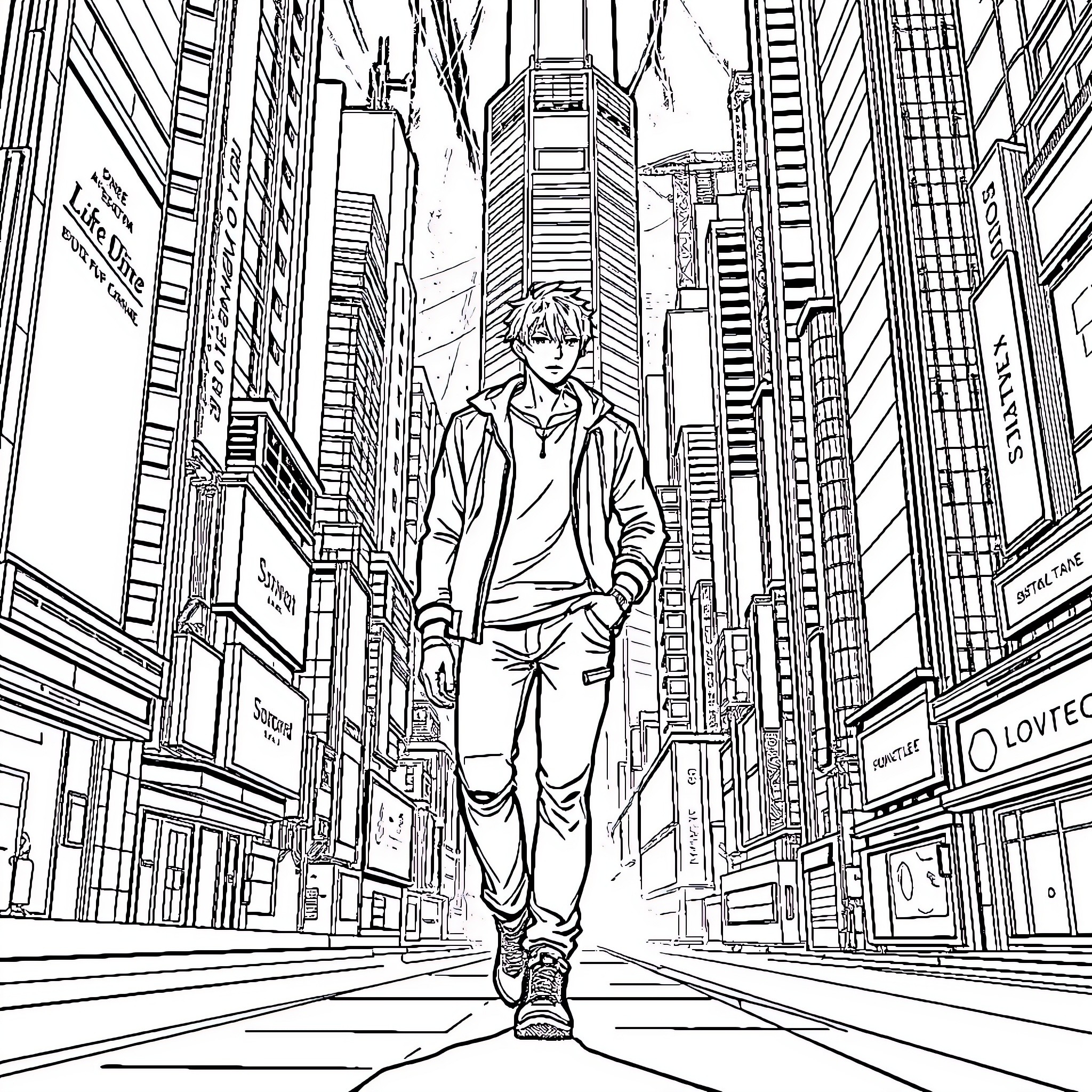 Anime Male Exploring the Bustling City Streets Coloring Page (free black-and-white line drawing printable PDF for all, from beginners to advanced learners, including children, teens, adults, and seniors)