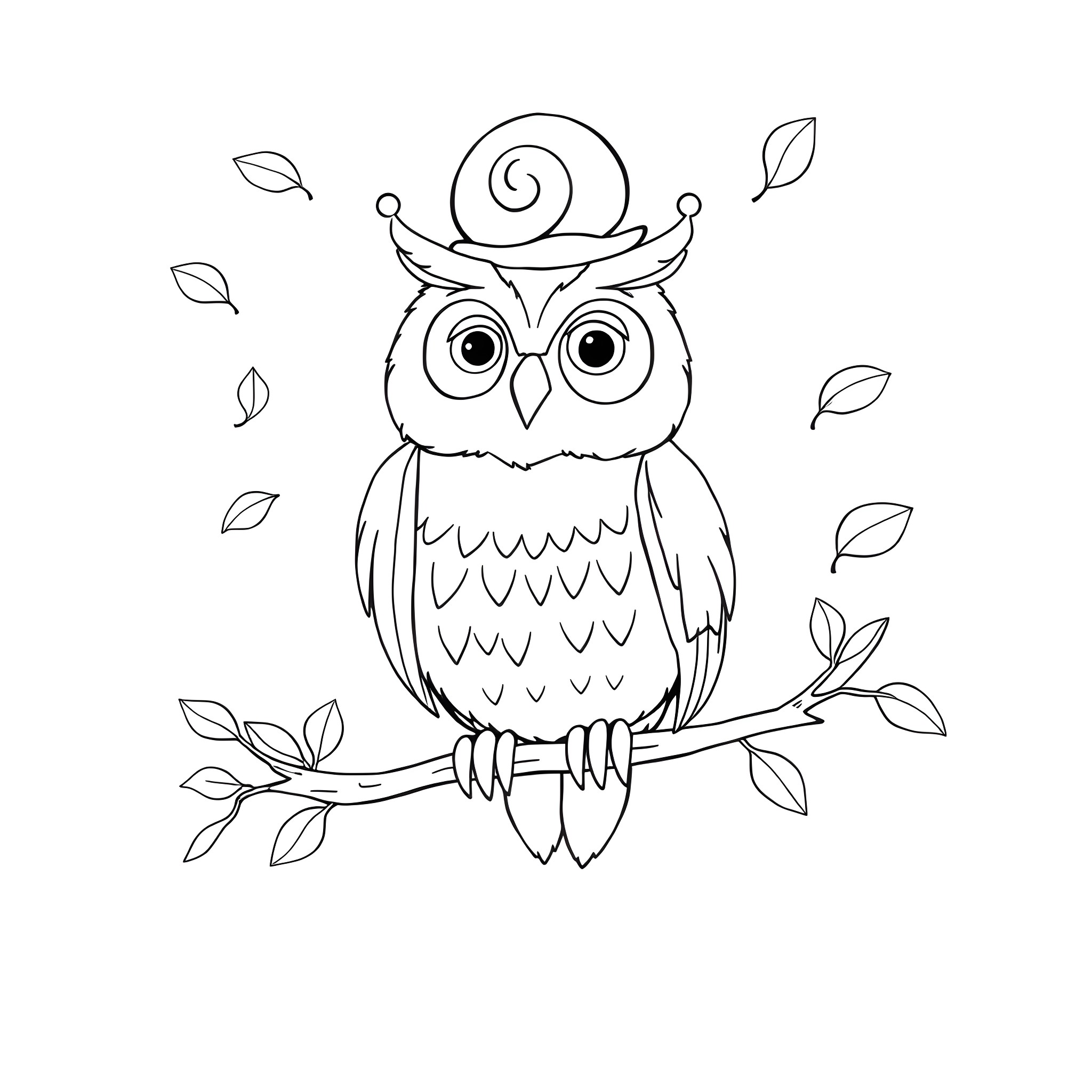 Owl with spiral hat perched on a leafy branch Coloring Page (free black-and-white line drawing printable PDF for all, from beginners to advanced learners, including children, teens, adults, and seniors)