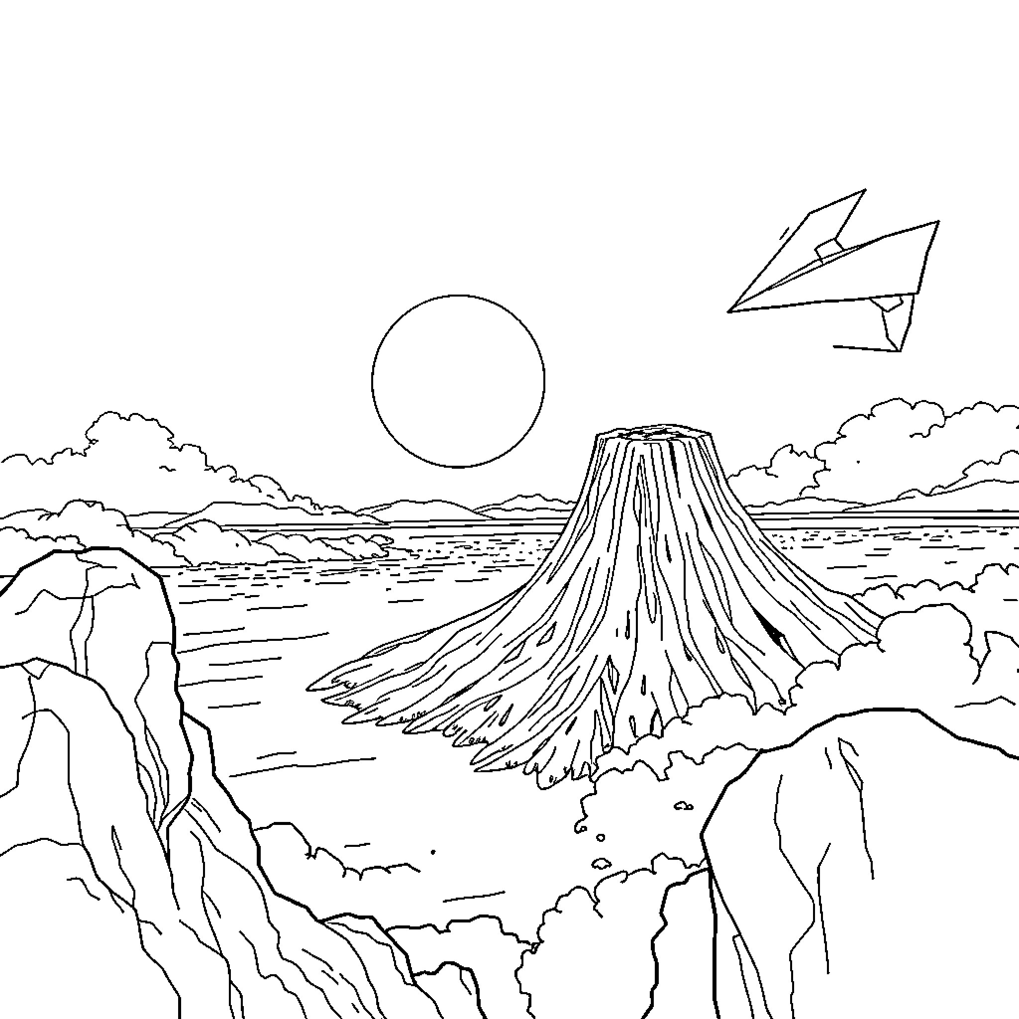 Superman soars over majestic mountain landscape Coloring Page (free black-and-white line drawing printable PDF for all, from beginners to advanced learners, including children, teens, adults, and seniors)