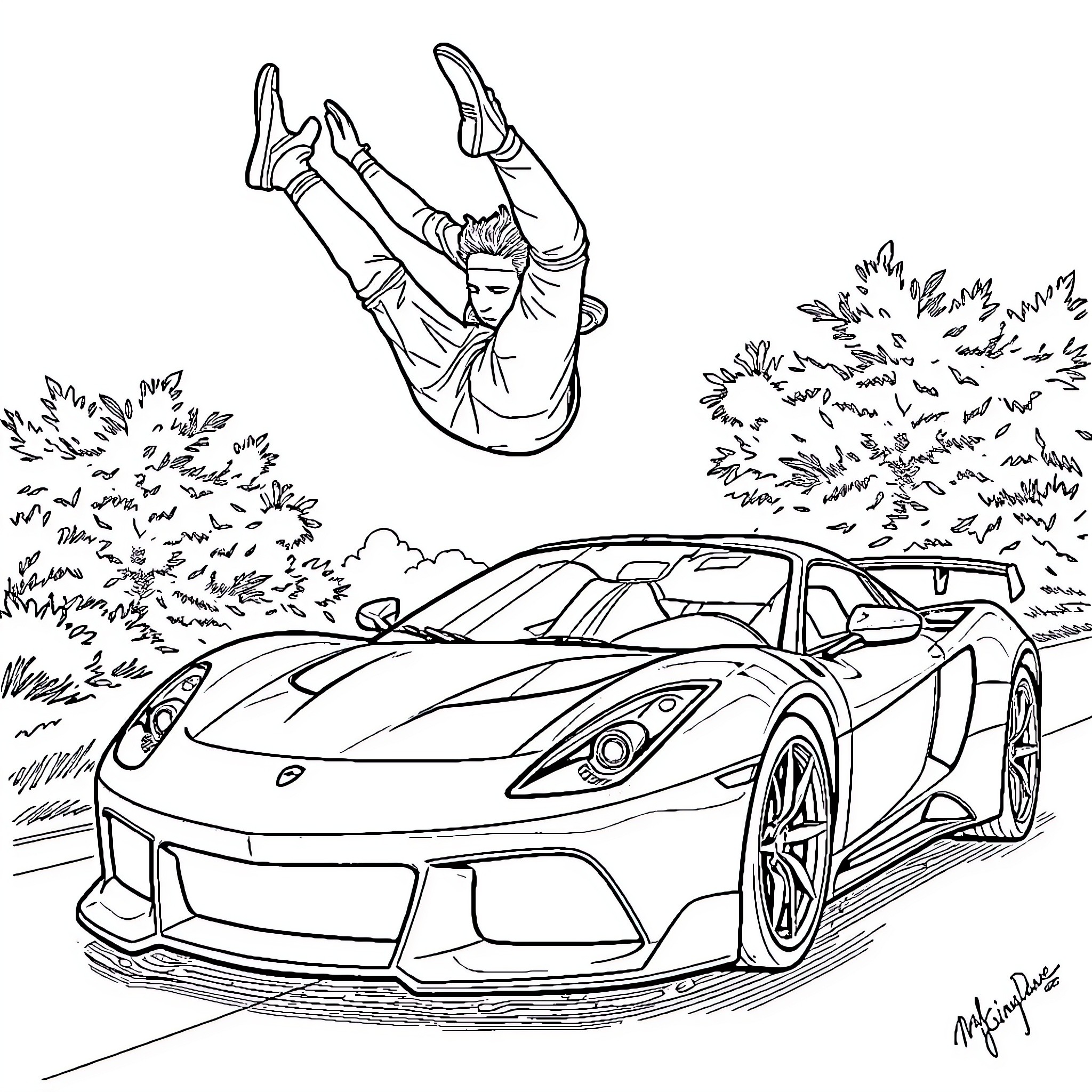 Man performing acrobatic stunt near luxury sports car Coloring Page (free black-and-white line drawing printable PDF for all, from beginners to advanced learners, including children, teens, adults, and seniors)