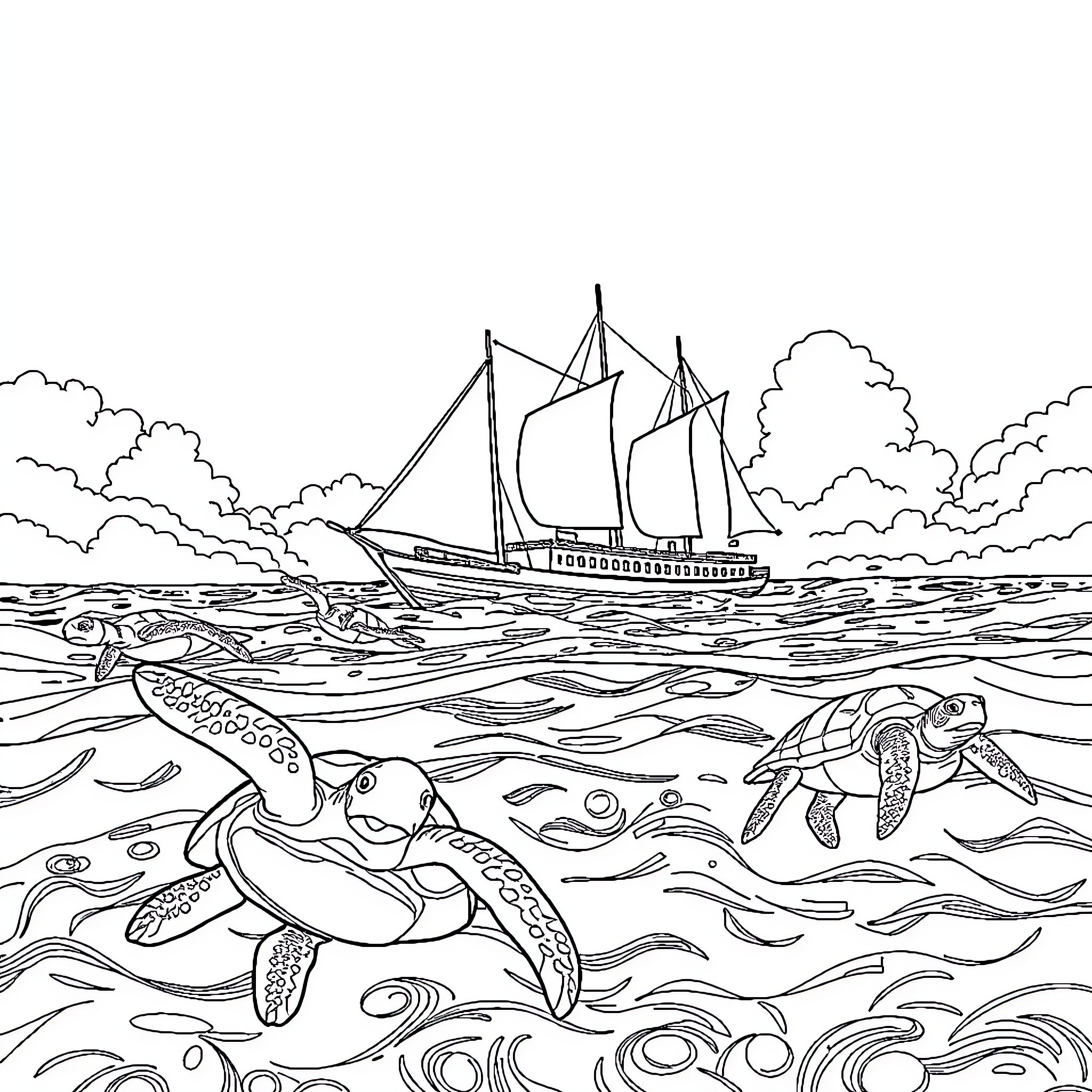 Sea Turtle Swims Among Ocean Creatures and Sailboats Coloring Page (free black-and-white line drawing printable PDF for all, from beginners to advanced learners, including children, teens, adults, and seniors)