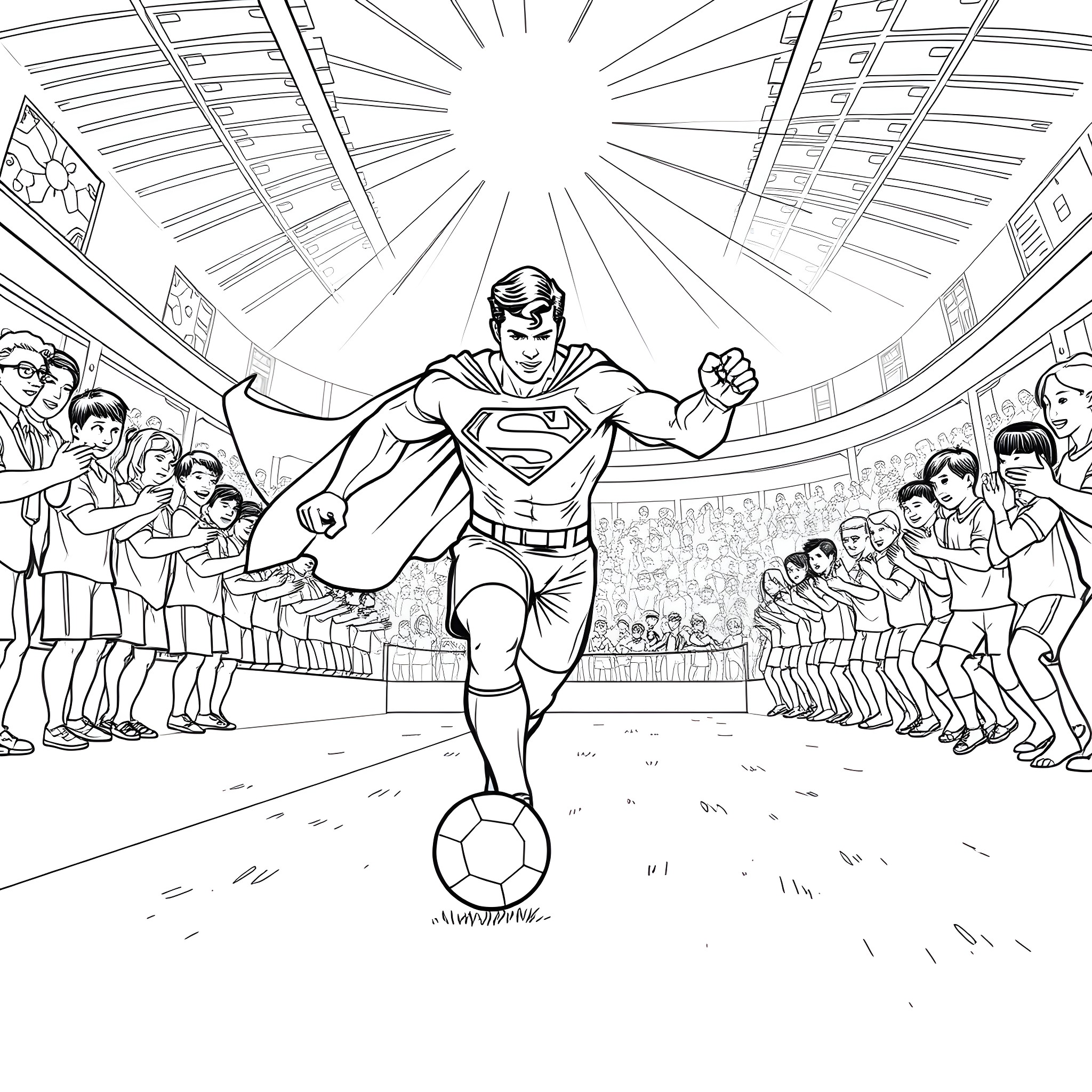 Superman playing soccer in a stadium full of spectators Coloring Page (free black-and-white line drawing printable PDF for all, from beginners to advanced learners, including children, teens, adults, and seniors)