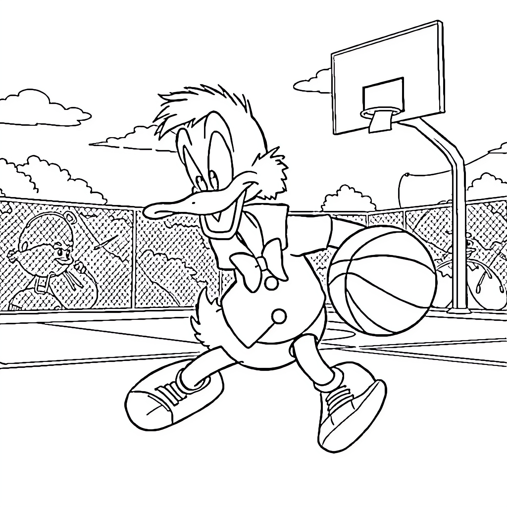 Scrooge playing basketball on the court Coloring Page (free black-and-white line drawing printable PDF for all, from beginners to advanced learners, including children, teens, adults, and seniors)