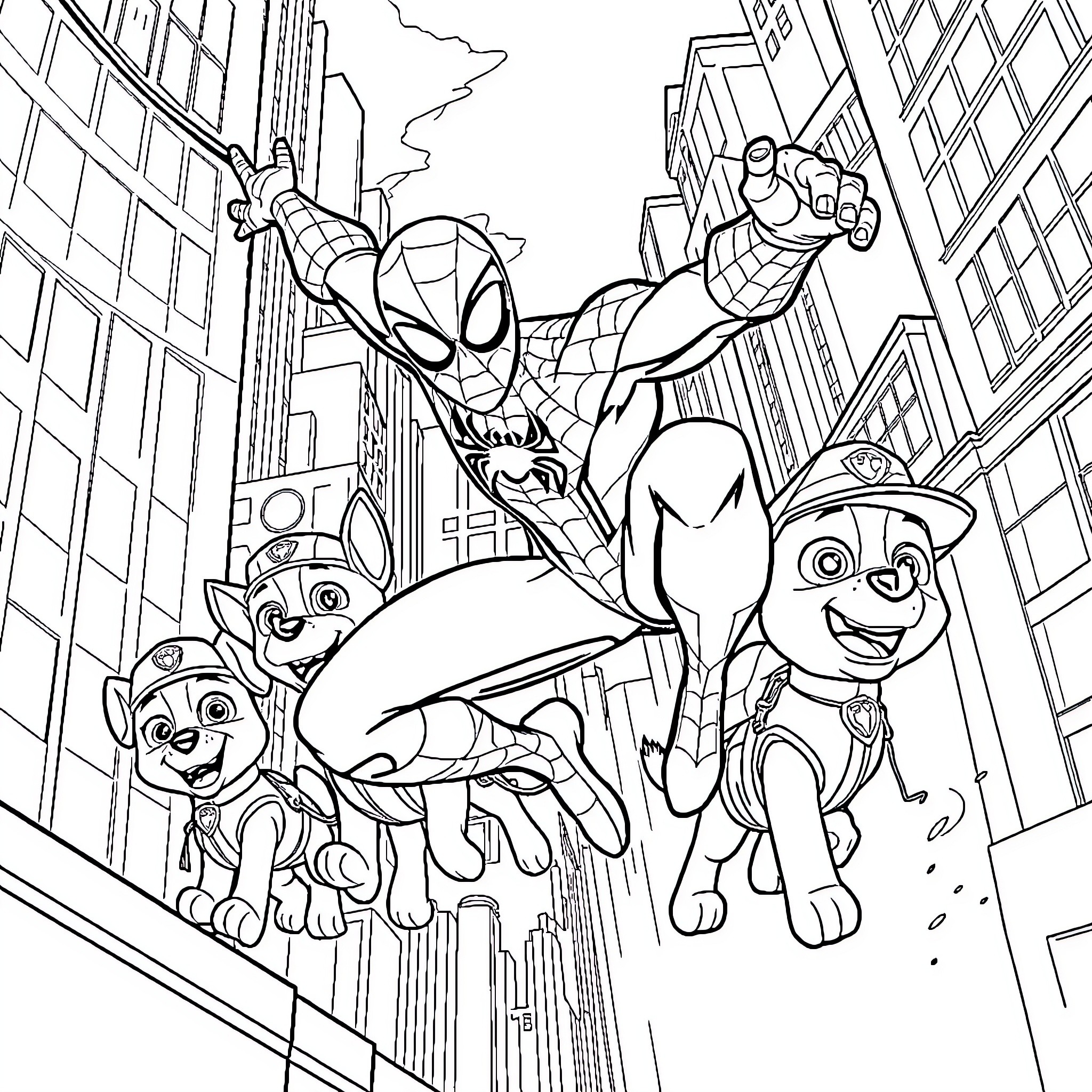Spider-Man helps Paw Patrol team fight crime in the city Coloring Page (free black-and-white line drawing printable PDF for all, from beginners to advanced learners, including children, teens, adults, and seniors)