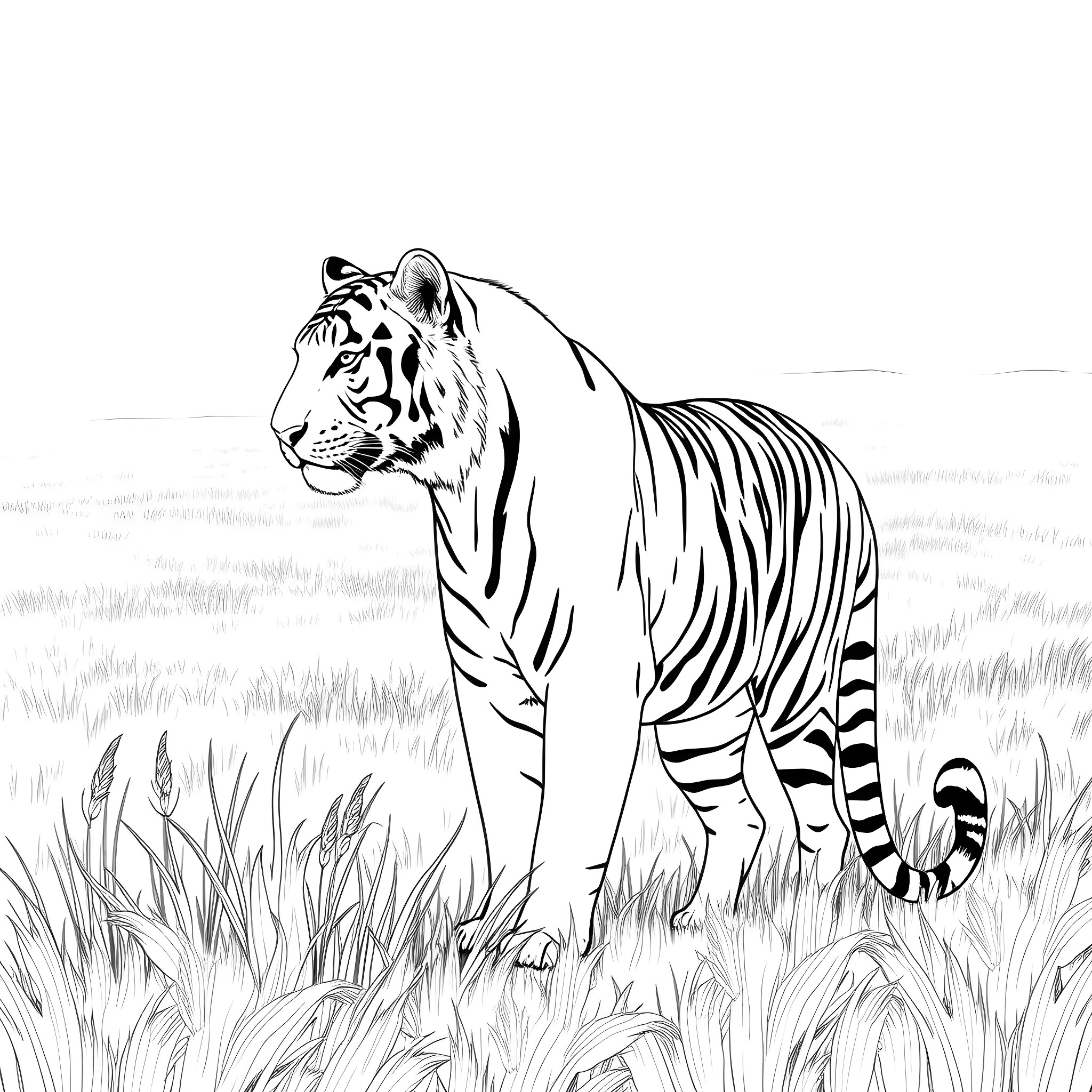 Tiger in the wild grass Coloring Page (free black-and-white line drawing printable PDF for all, from beginners to advanced learners, including children, teens, adults, and seniors)