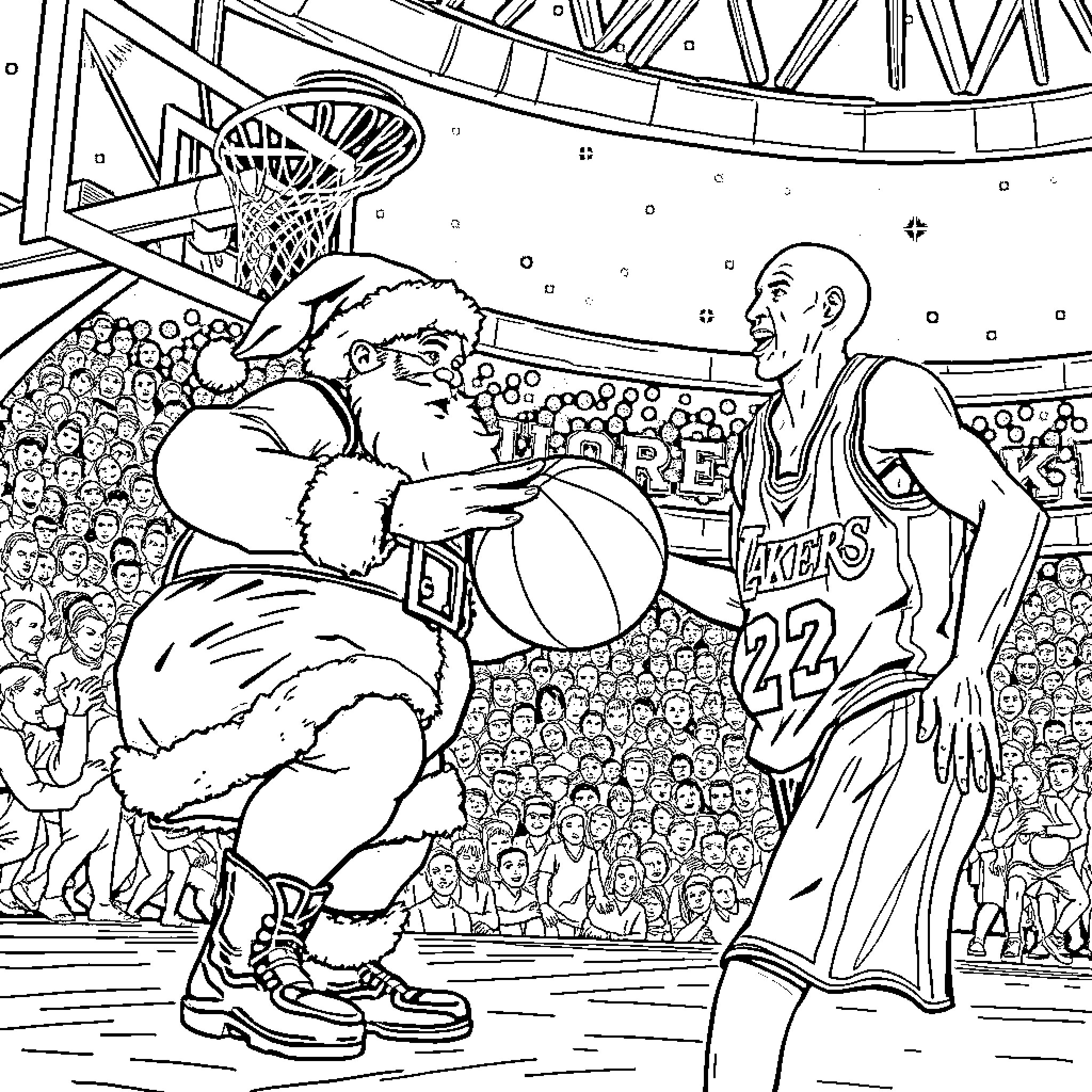 Santa playing basketball with a player in a crowded stadium Coloring Page (free black-and-white line drawing printable PDF for all, from beginners to advanced learners, including children, teens, adults, and seniors)