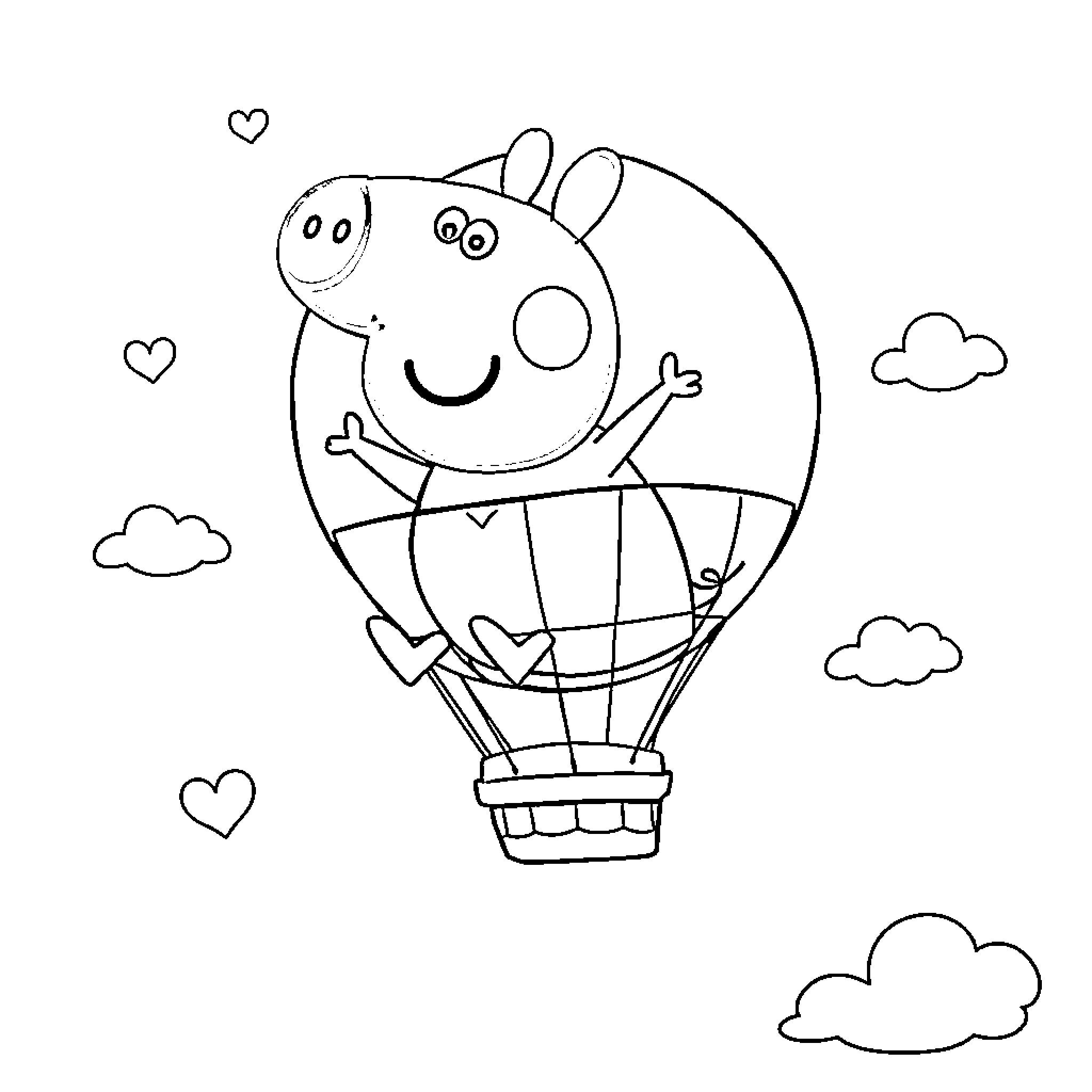 Peppa Pig's Joyful Hot Air Balloon Adventure Coloring Page (free black-and-white line drawing printable PDF for all, from beginners to advanced learners, including children, teens, adults, and seniors)