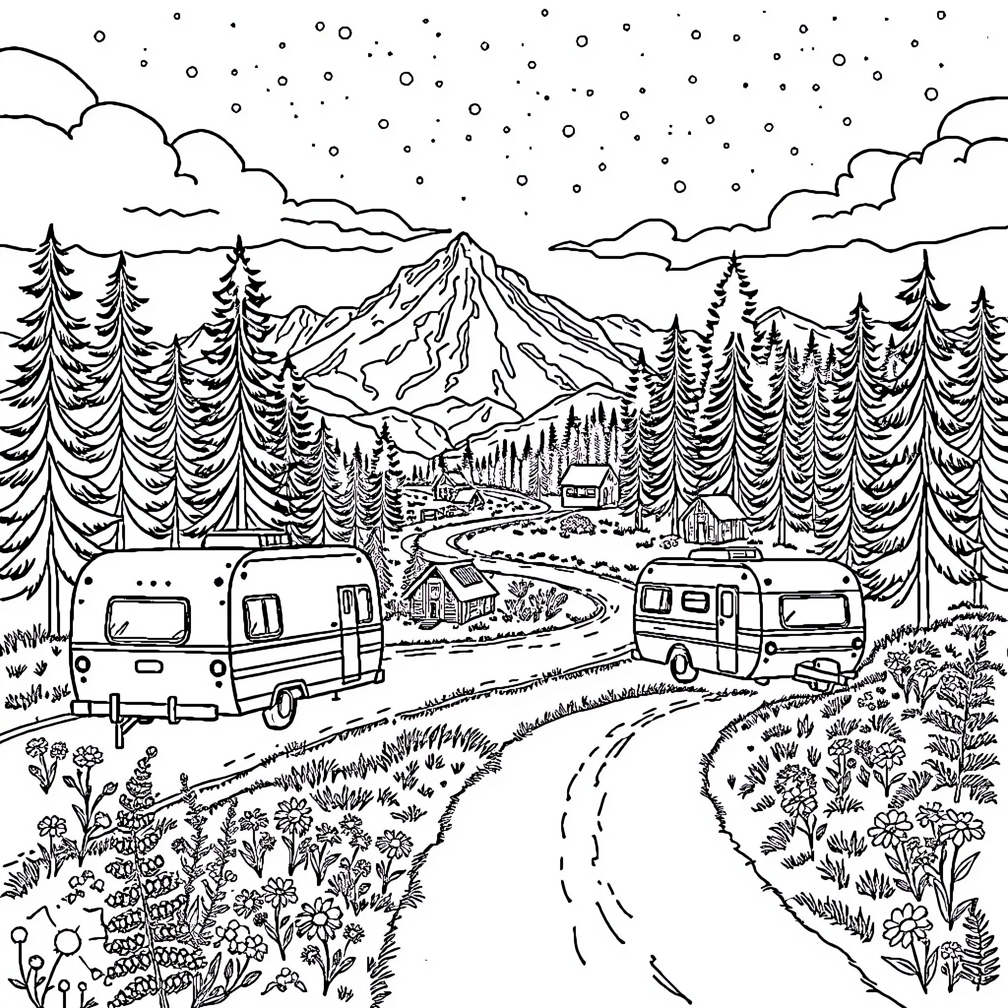 Road Trip to the Snowy Mountain Retreat Coloring Page (free black-and-white line drawing printable PDF for all, from beginners to advanced learners, including children, teens, adults, and seniors)