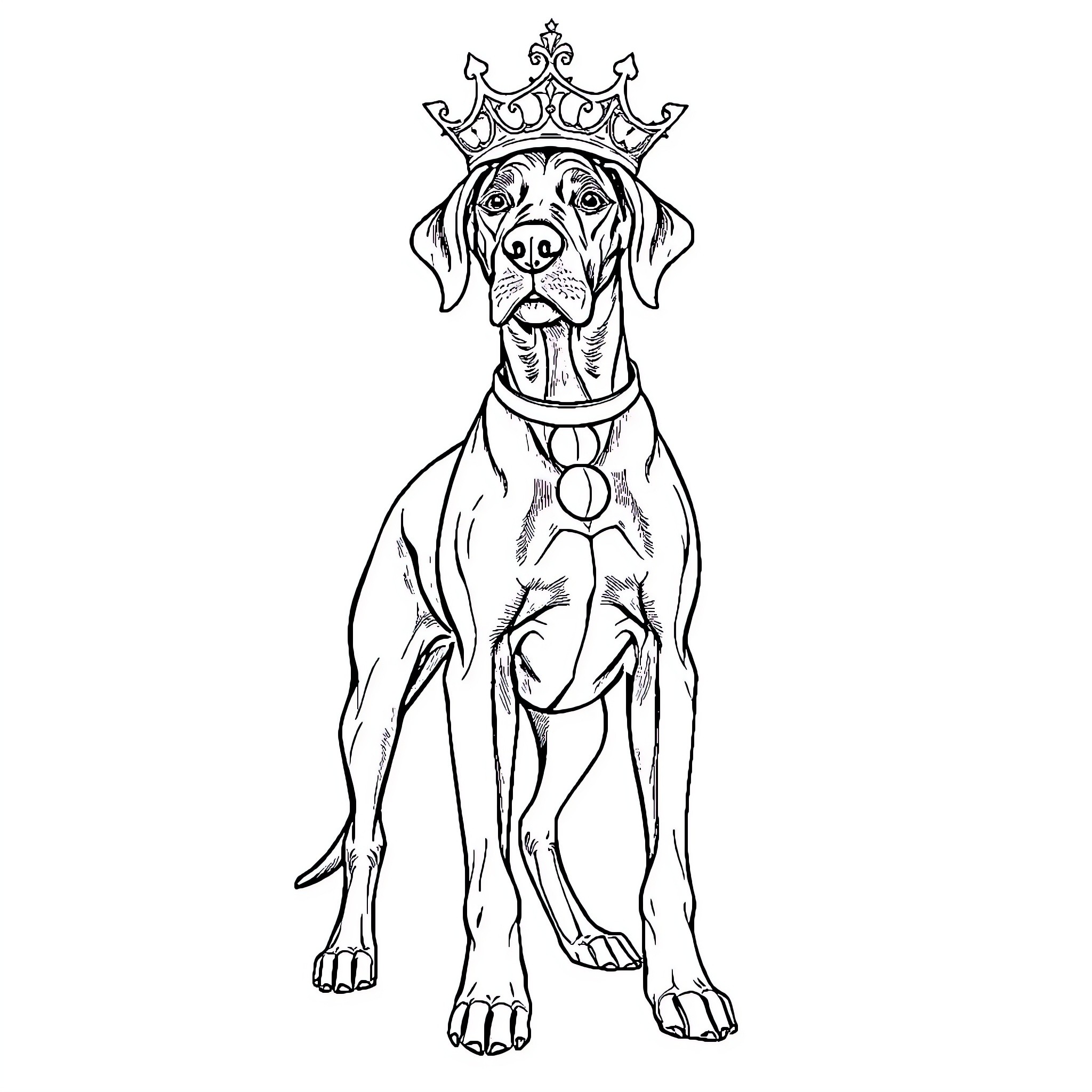 Vizsla Adorned in Royal Crown Coloring Page (free black-and-white line drawing printable PDF for all, from beginners to advanced learners, including children, teens, adults, and seniors)