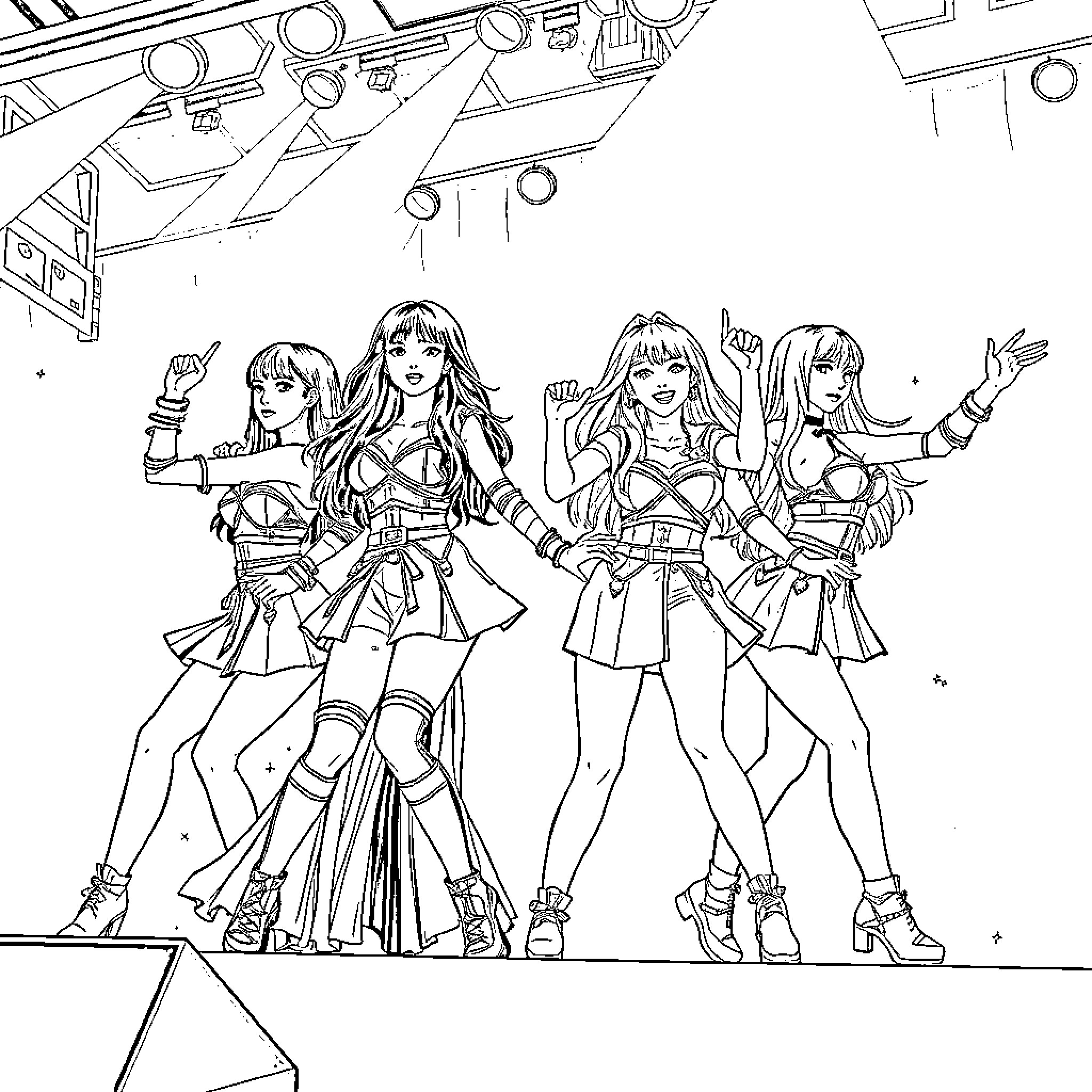 K Pop Warrior Performers on Stage Coloring Page (free black-and-white line drawing printable PDF for all, from beginners to advanced learners, including children, teens, adults, and seniors)