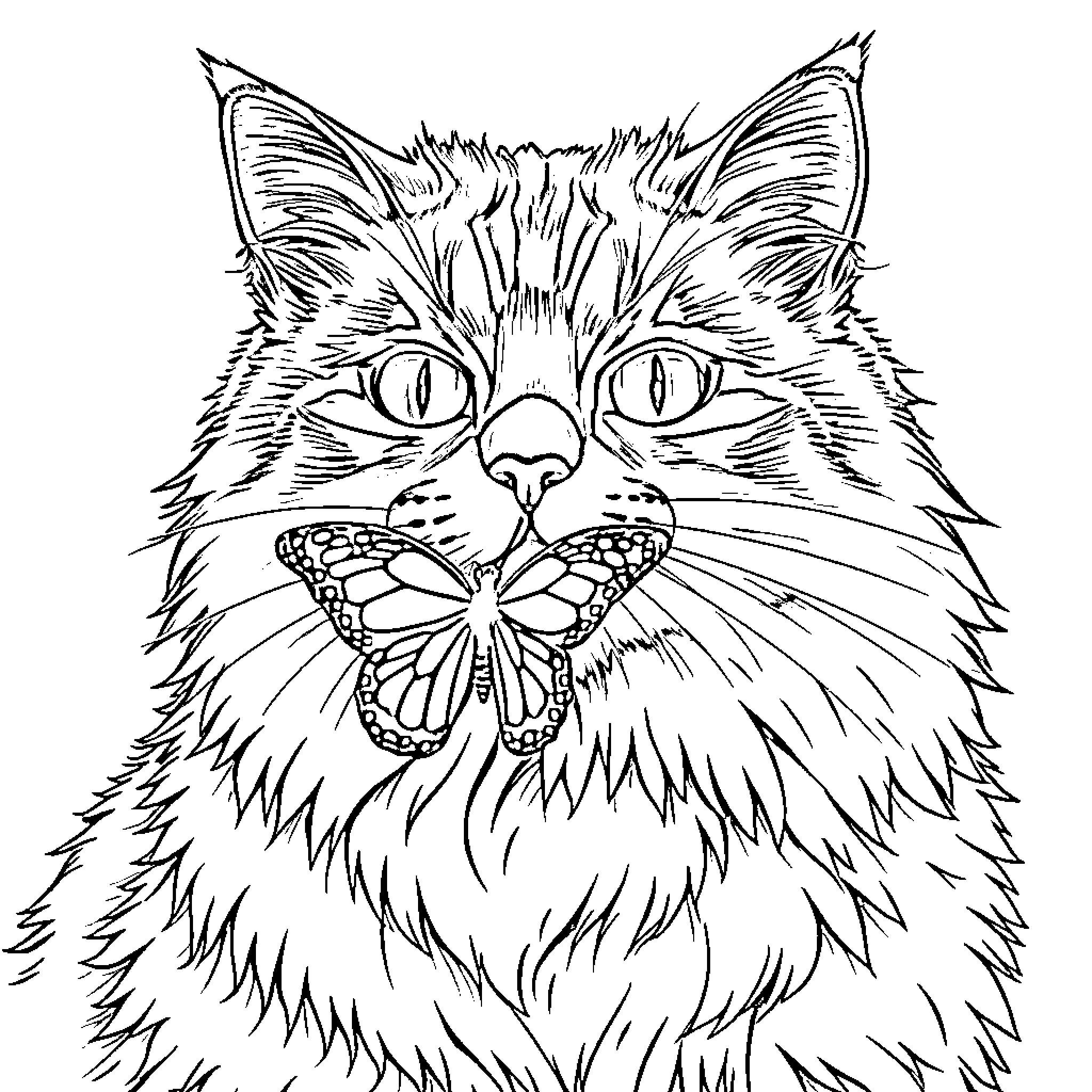 Cat with butterfly in its mouth Coloring Page (free black-and-white line drawing printable PDF for all, from beginners to advanced learners, including children, teens, adults, and seniors)