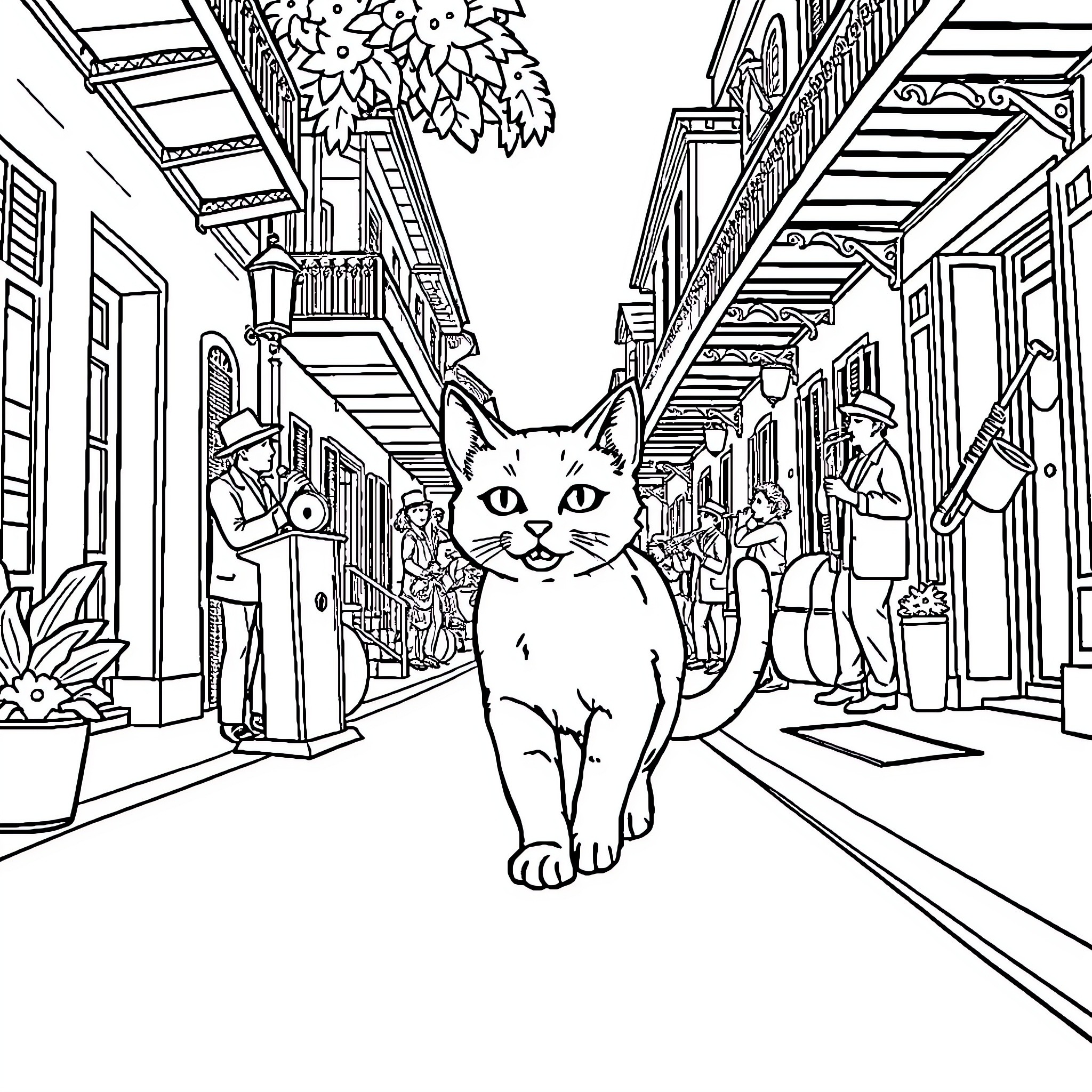 Cat exploring a bustling street scene Coloring Page (free black-and-white line drawing printable PDF for all, from beginners to advanced learners, including children, teens, adults, and seniors)
