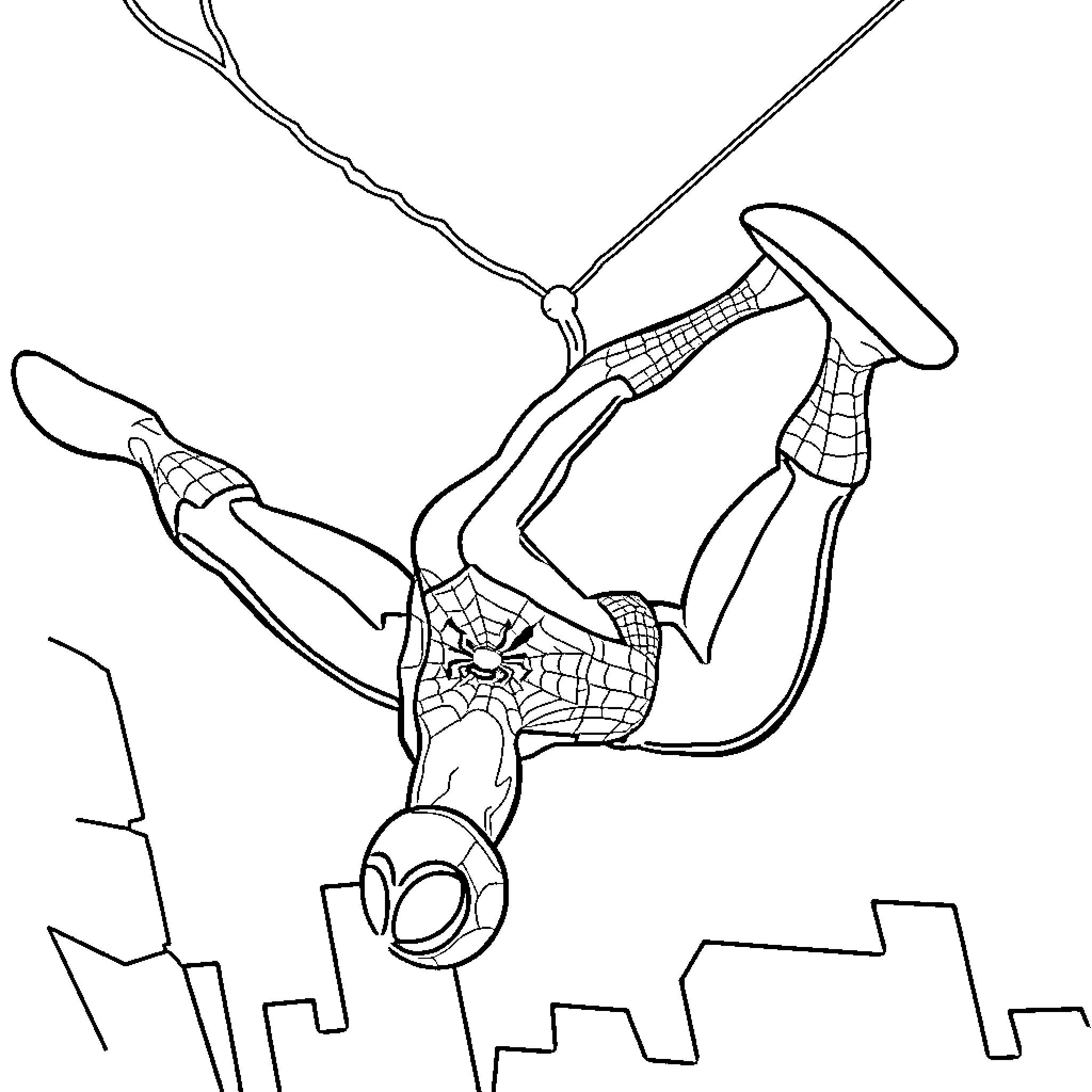 Spiderman swinging through the city skyline Coloring Page (free black-and-white line drawing printable PDF for all, from beginners to advanced learners, including children, teens, adults, and seniors)