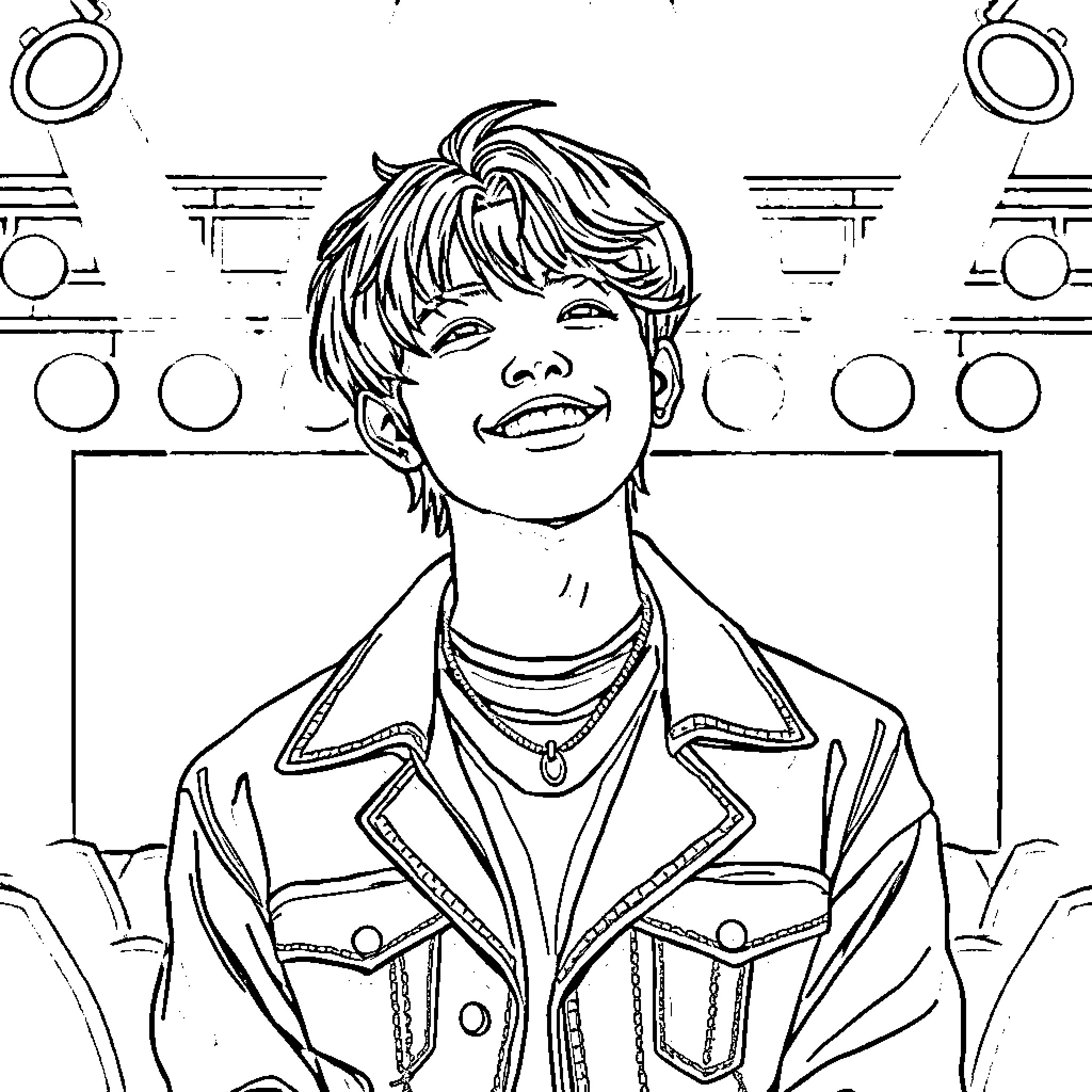 Jin's Joyful Moment on Stage Coloring Page (free black-and-white line drawing printable PDF for all, from beginners to advanced learners, including children, teens, adults, and seniors)