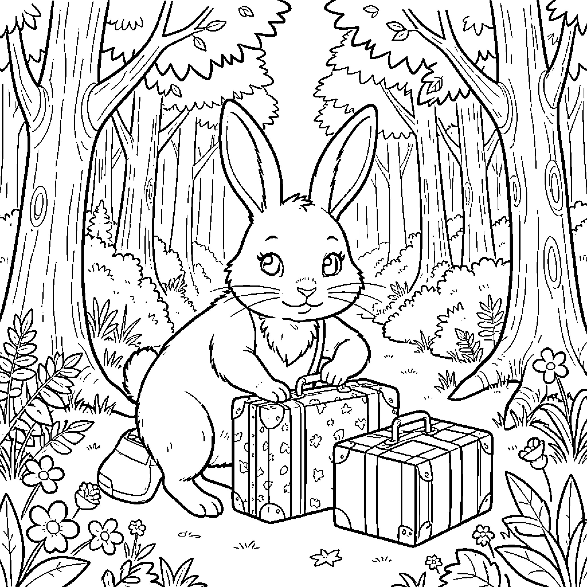 Rabbit finds hidden treasure in the forest Coloring Page (free black-and-white line drawing printable PDF for all, from beginners to advanced learners, including children, teens, adults, and seniors)