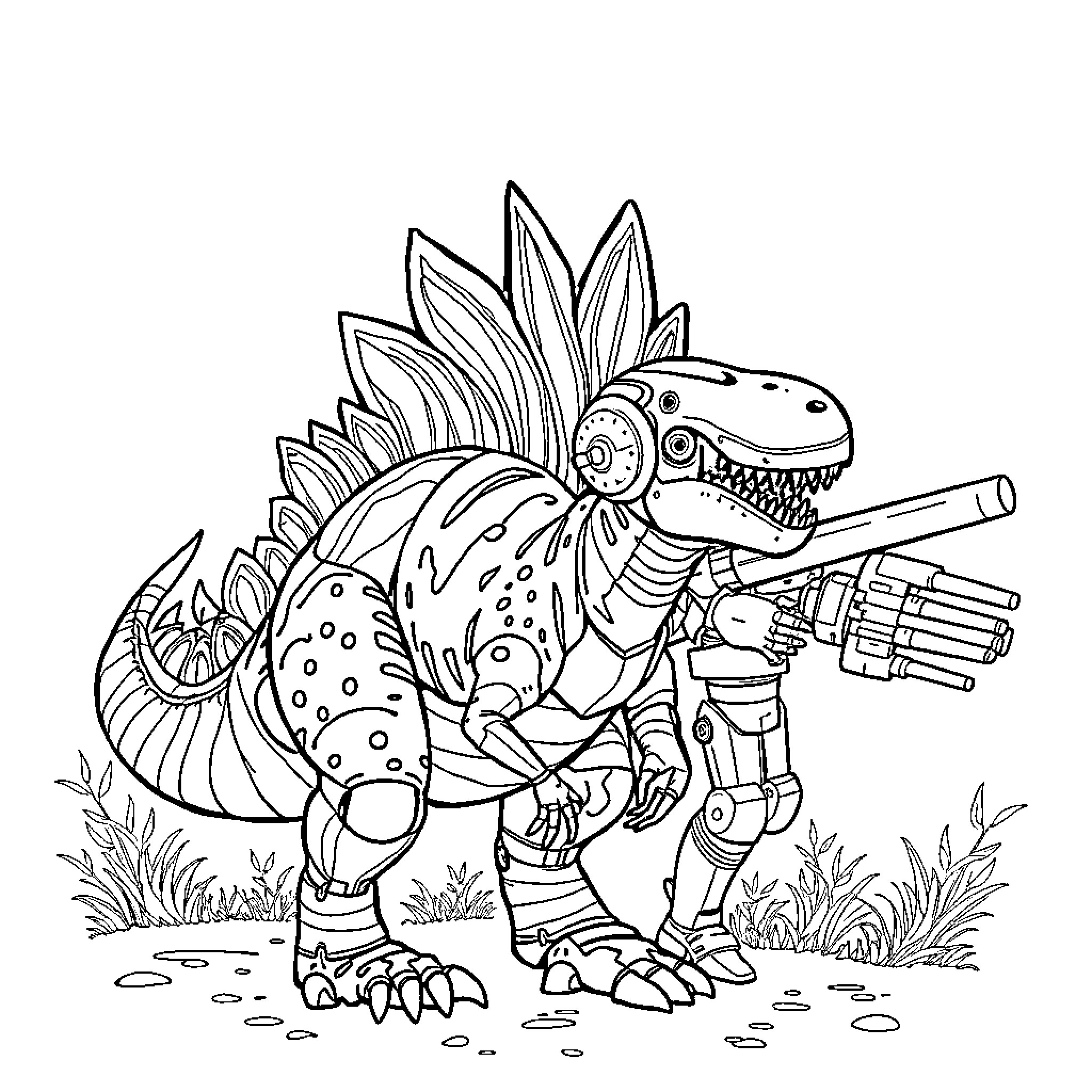 Espinosaurio robot dinosaur in action Coloring Page (free black-and-white line drawing printable PDF for all, from beginners to advanced learners, including children, teens, adults, and seniors)