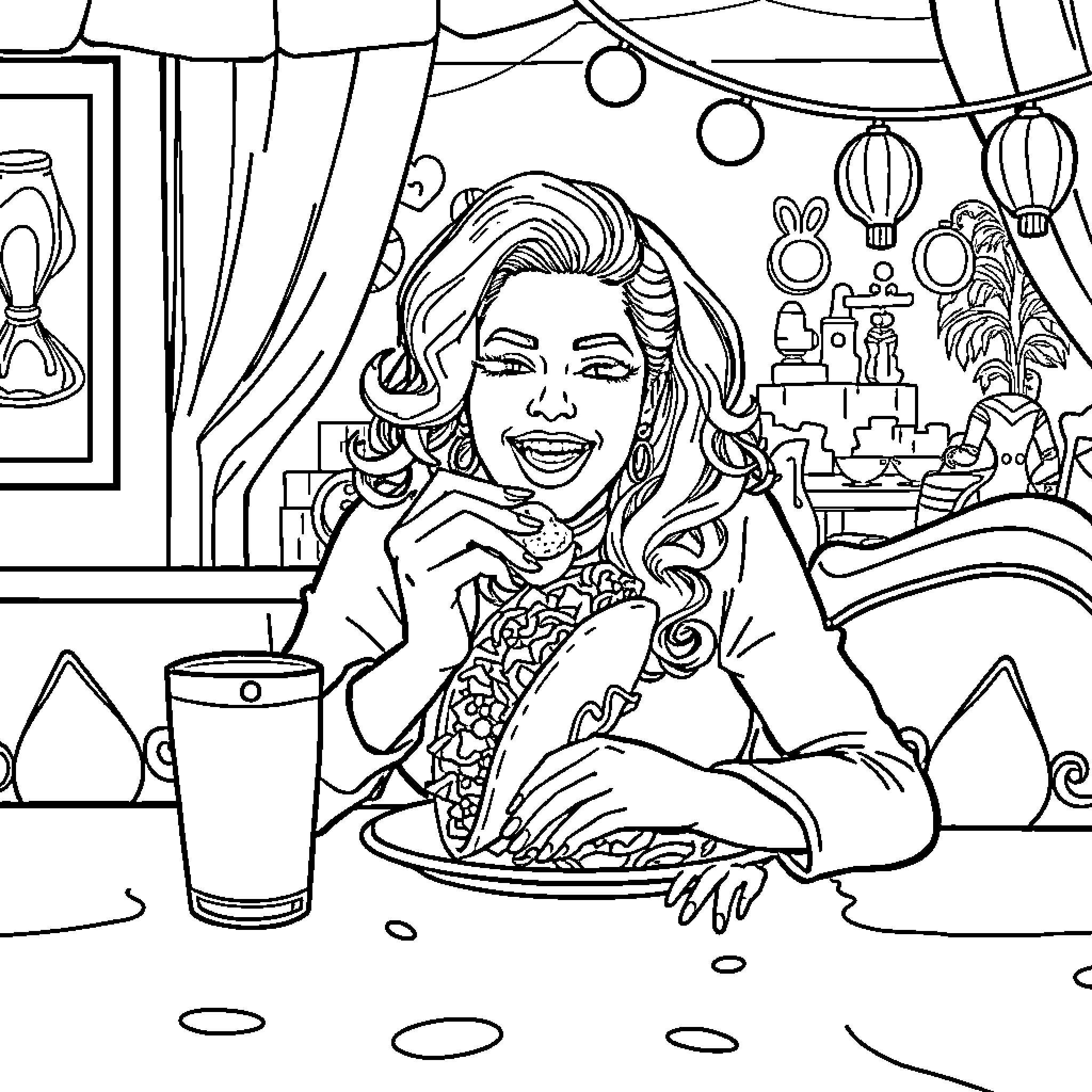 Lady Gaga enjoying a festive meal in her dressing room Coloring Page (free black-and-white line drawing printable PDF for all, from beginners to advanced learners, including children, teens, adults, and seniors)