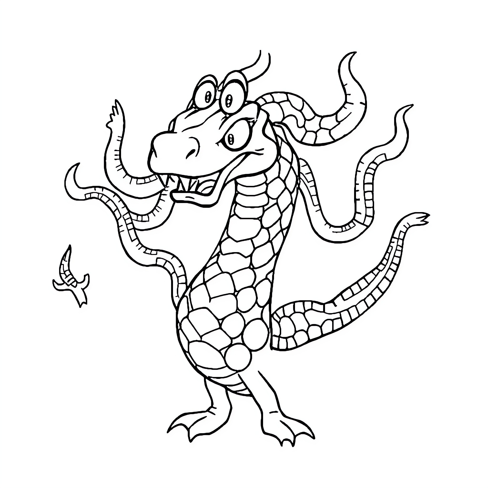 Hydra mythical creature playing with butterflies Coloring Page (free black-and-white line drawing printable PDF for all, from beginners to advanced learners, including children, teens, adults, and seniors)
