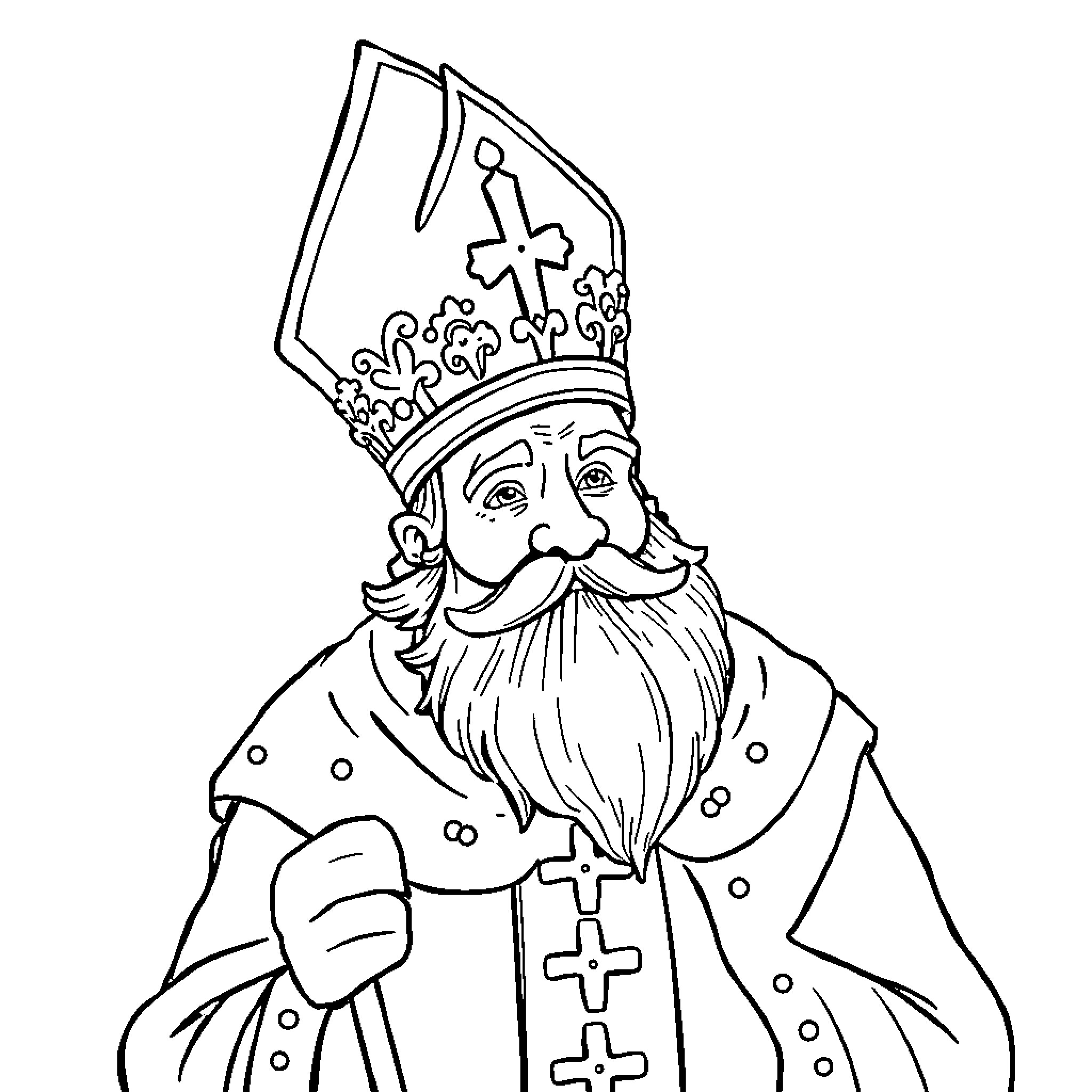 St Nicholas in Ceremonial Robes and Crown Coloring Page (free black-and-white line drawing printable PDF for all, from beginners to advanced learners, including children, teens, adults, and seniors)
