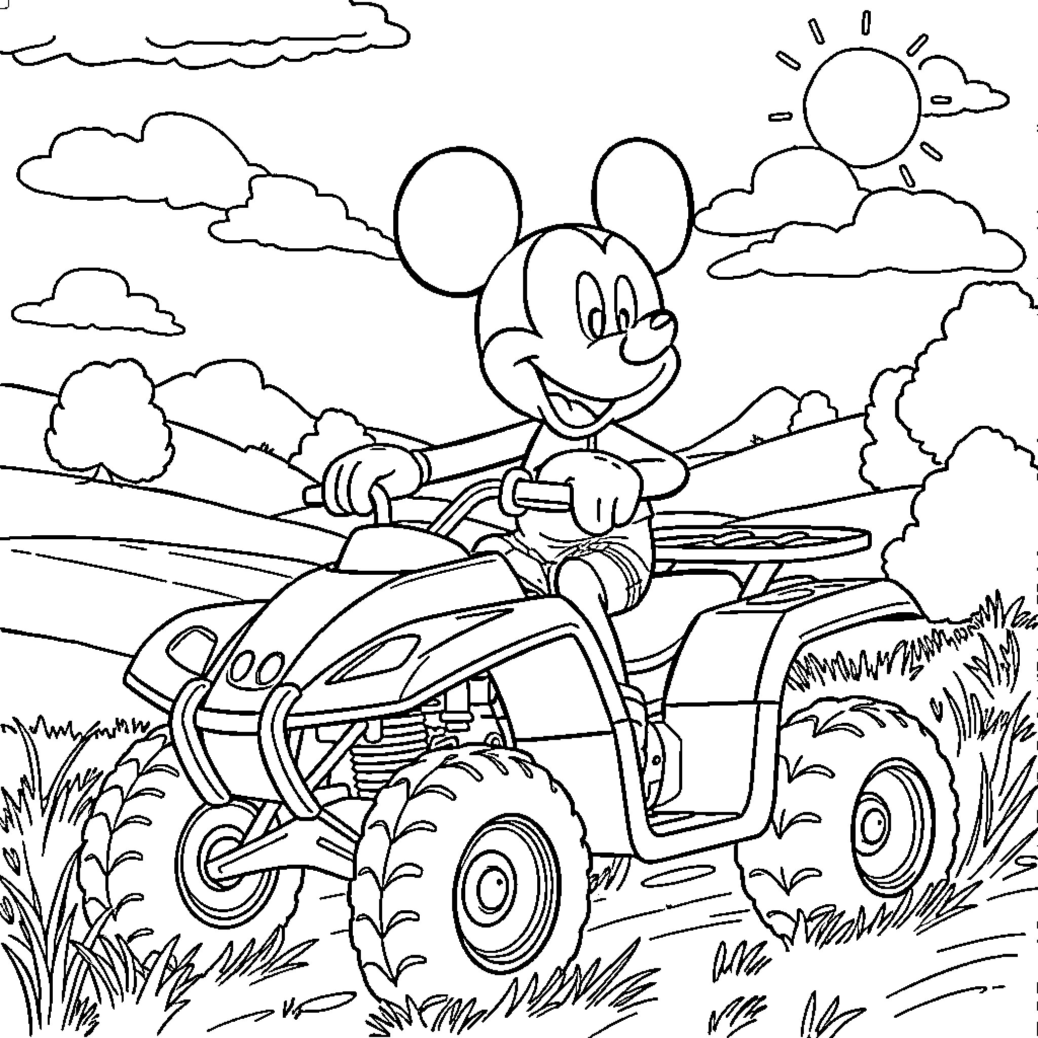 Mickey Mouse riding a quad bike through the countryside Coloring Page (free black-and-white line drawing printable PDF for all, from beginners to advanced learners, including children, teens, adults, and seniors)
