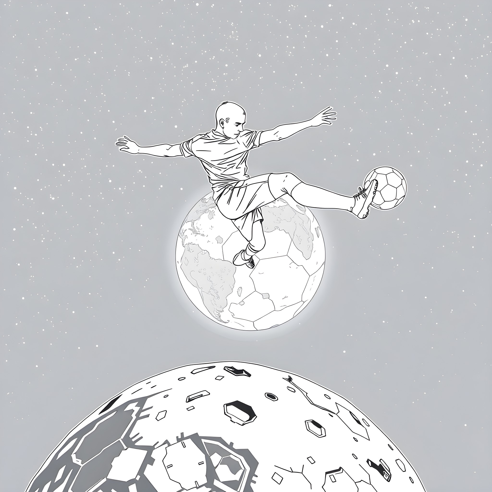 Footballer leaping across the globe Coloring Page (free black-and-white line drawing printable PDF for all, from beginners to advanced learners, including children, teens, adults, and seniors)
