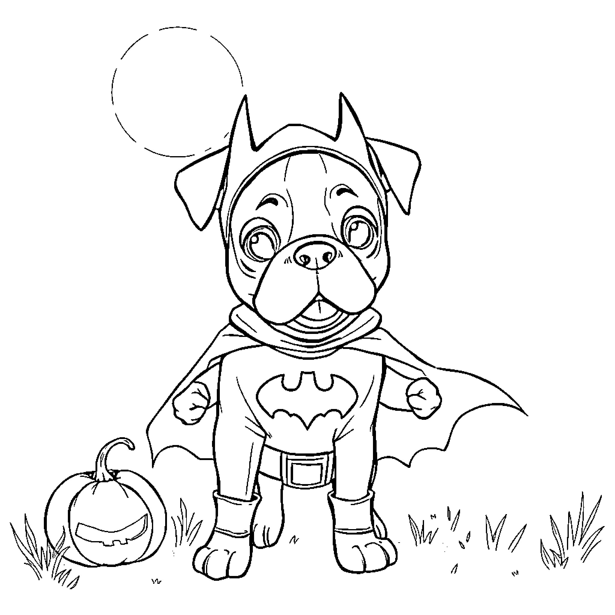 Boxer dog dressed as Batman in Halloween scene Coloring Page (free black-and-white line drawing printable PDF for all, from beginners to advanced learners, including children, teens, adults, and seniors)