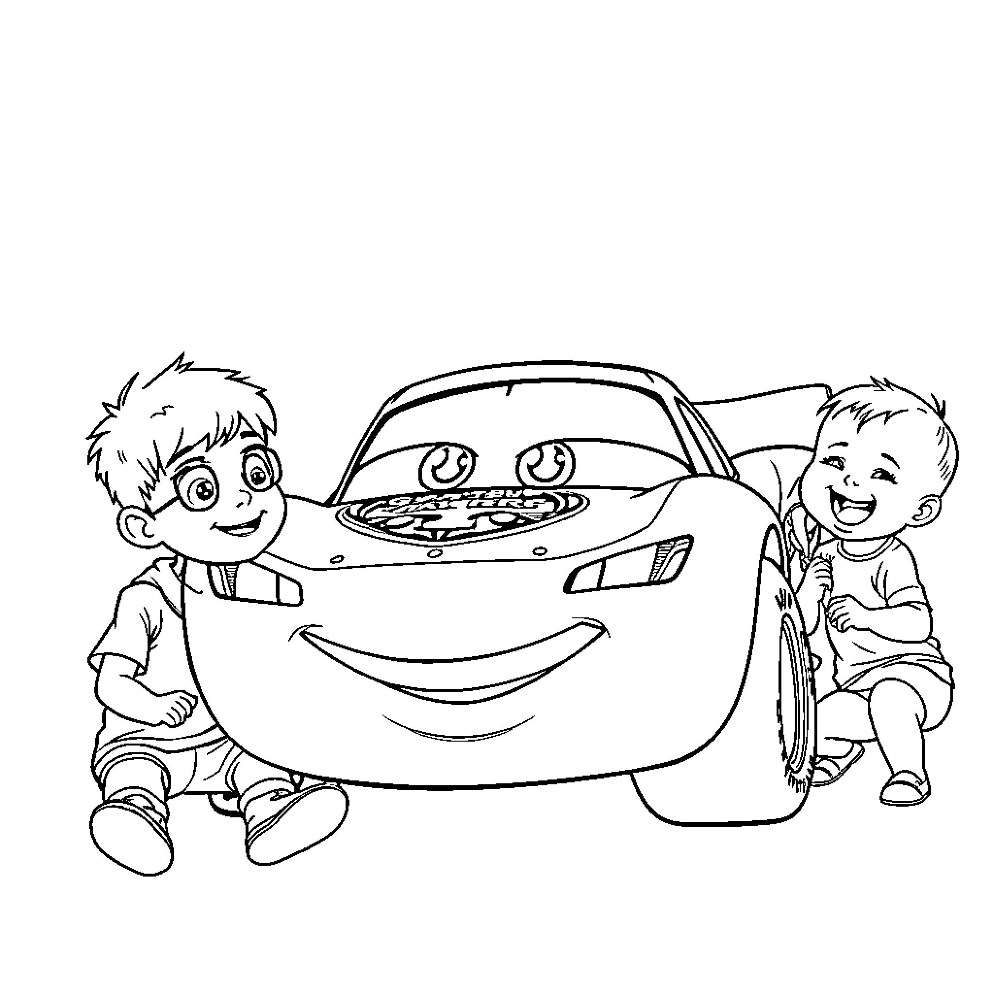 Rayo McQueen playing with friends in a fun scene Coloring Page (free black-and-white line drawing printable PDF for all, from beginners to advanced learners, including children, teens, adults, and seniors)