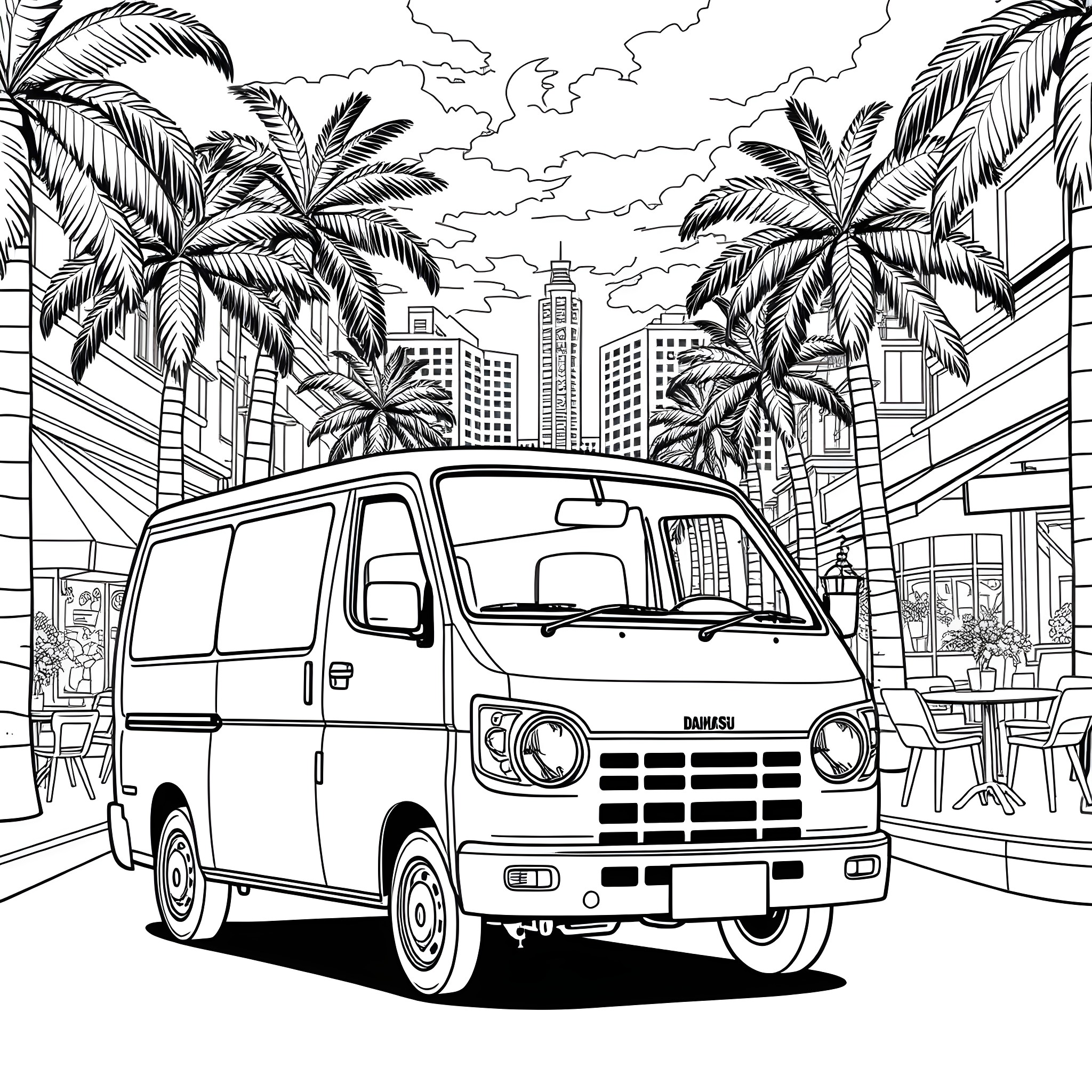 Daihatsu van in tropical city with palm trees Coloring Page (free black-and-white line drawing printable PDF for all, from beginners to advanced learners, including children, teens, adults, and seniors)