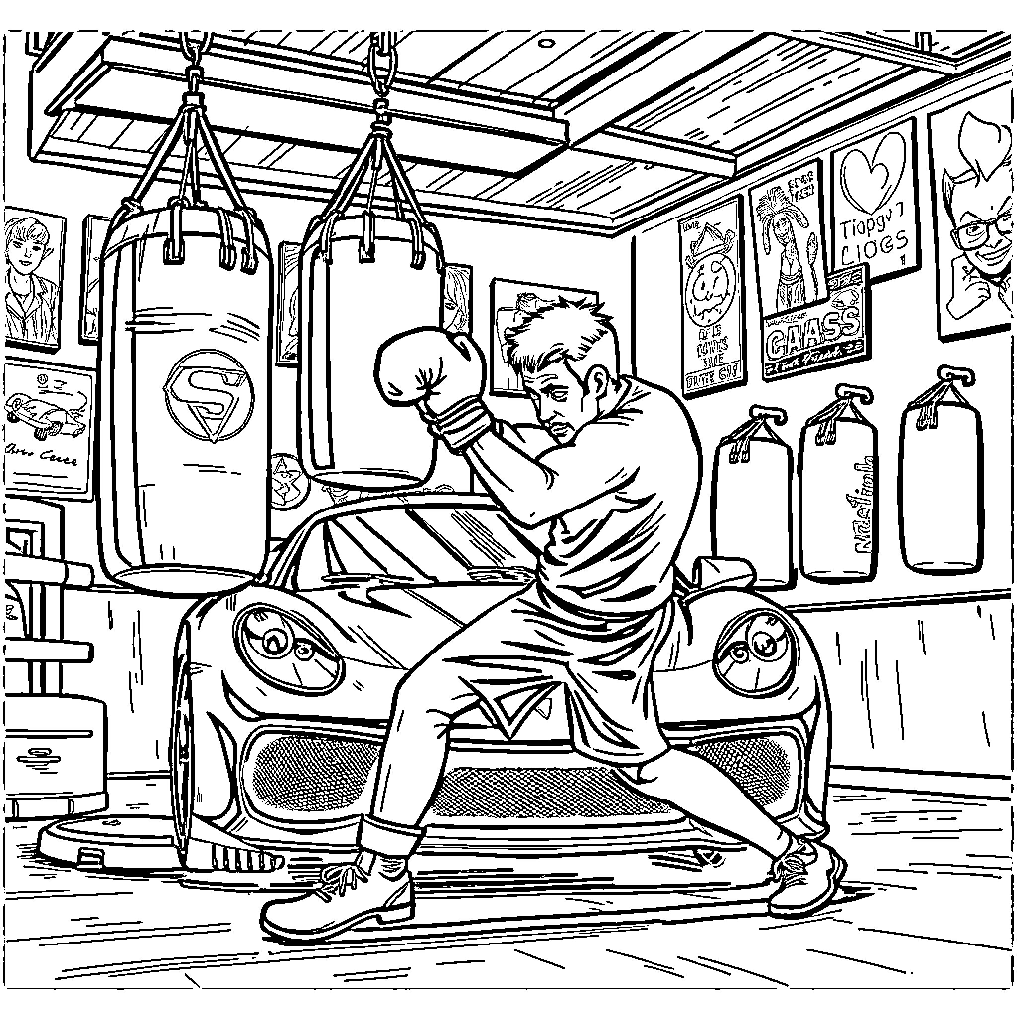 Car Enthusiast Relaxing in Garage Workshop Coloring Page (free black-and-white line drawing printable PDF for all, from beginners to advanced learners, including children, teens, adults, and seniors)