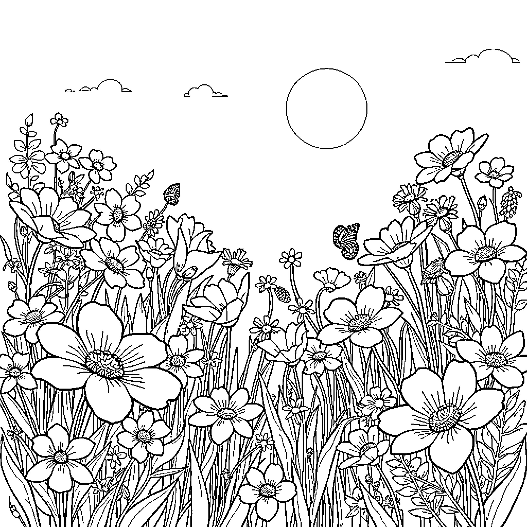 Lovely Wildflower Garden with Blooming Flowers Coloring Page (free black-and-white line drawing printable PDF for all, from beginners to advanced learners, including children, teens, adults, and seniors)