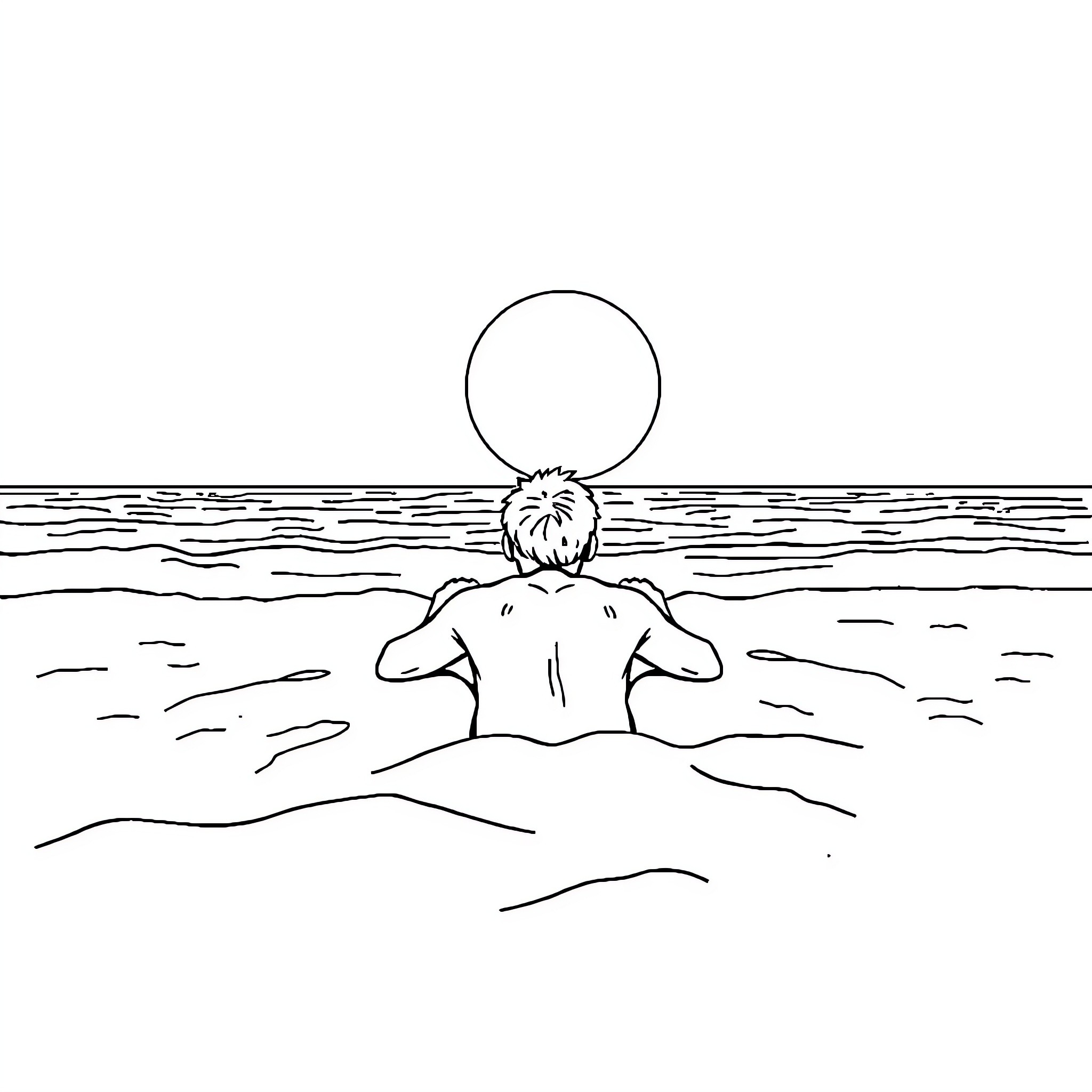 Beach scene with person relaxing in the water Coloring Page (free black-and-white line drawing printable PDF for all, from beginners to advanced learners, including children, teens, adults, and seniors)