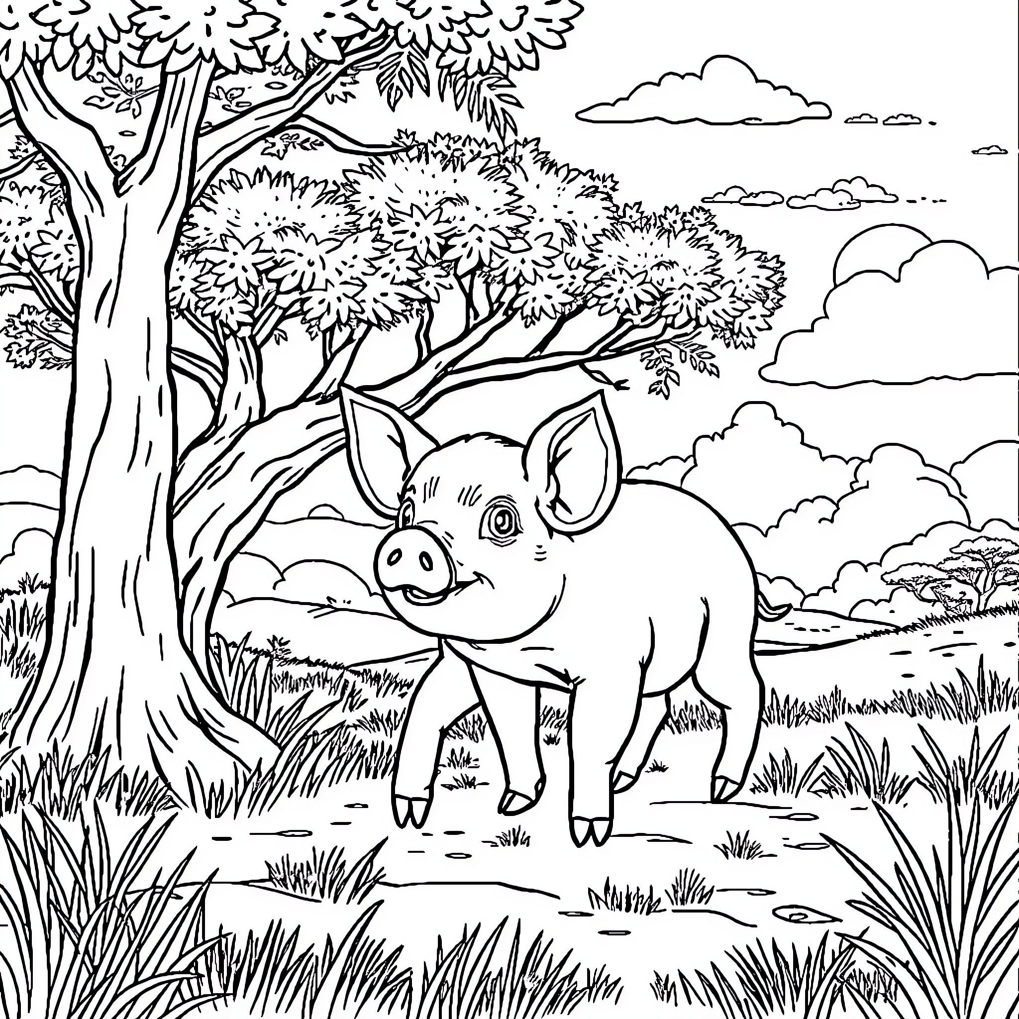 Pig exploring the lush woodland landscape Coloring Page (free black-and-white line drawing printable PDF for all, from beginners to advanced learners, including children, teens, adults, and seniors)