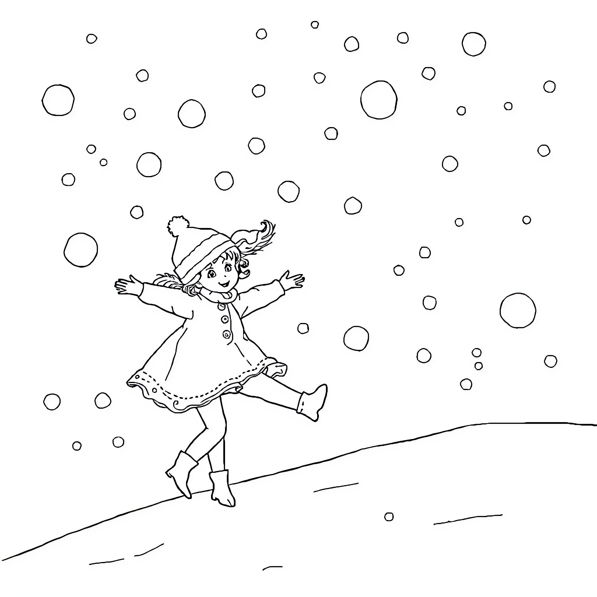 Girl playing joyfully in the snow Coloring Page (free black-and-white line drawing printable PDF for all, from beginners to advanced learners, including children, teens, adults, and seniors)