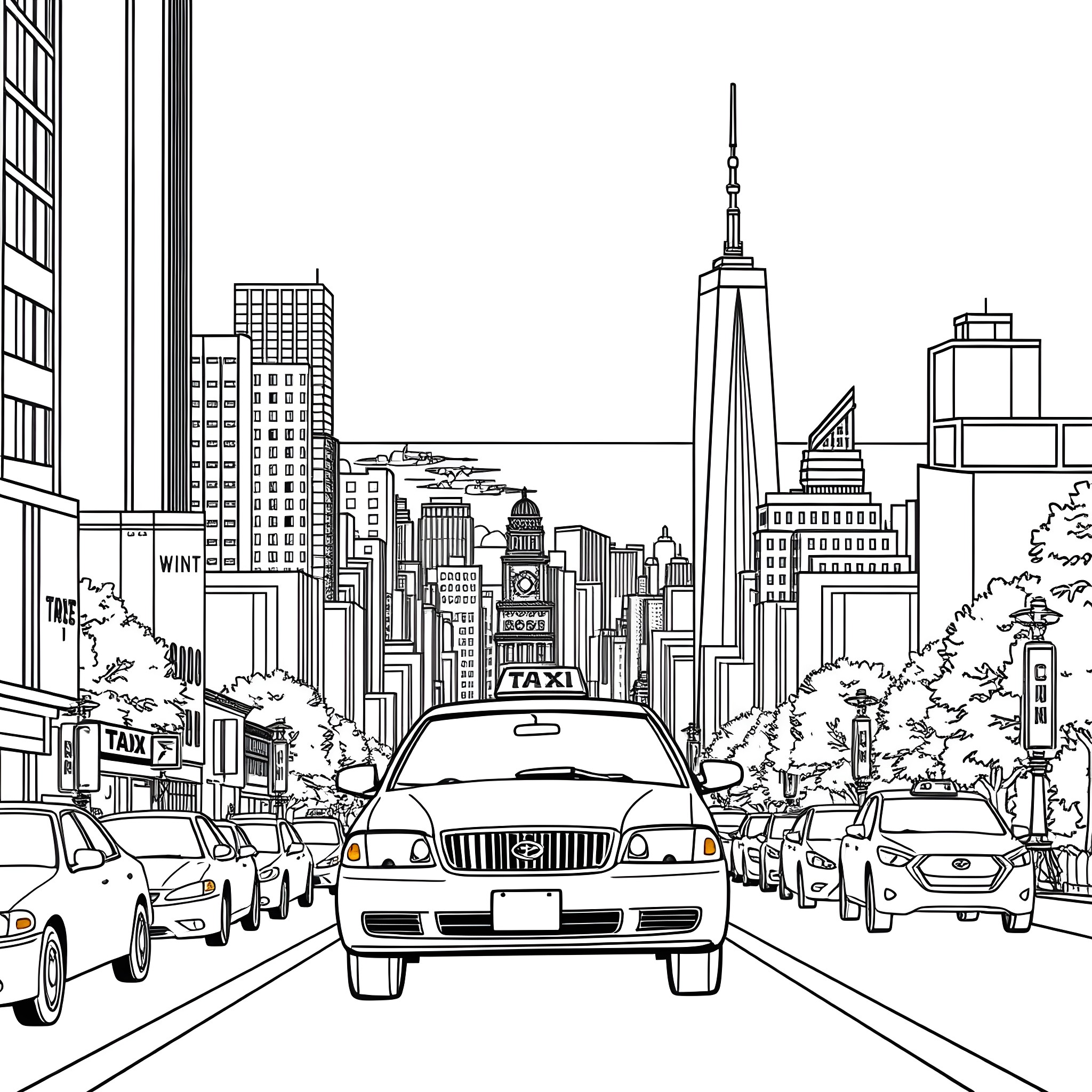 Taxi in the bustling city streets Coloring Page (free black-and-white line drawing printable PDF for all, from beginners to advanced learners, including children, teens, adults, and seniors)