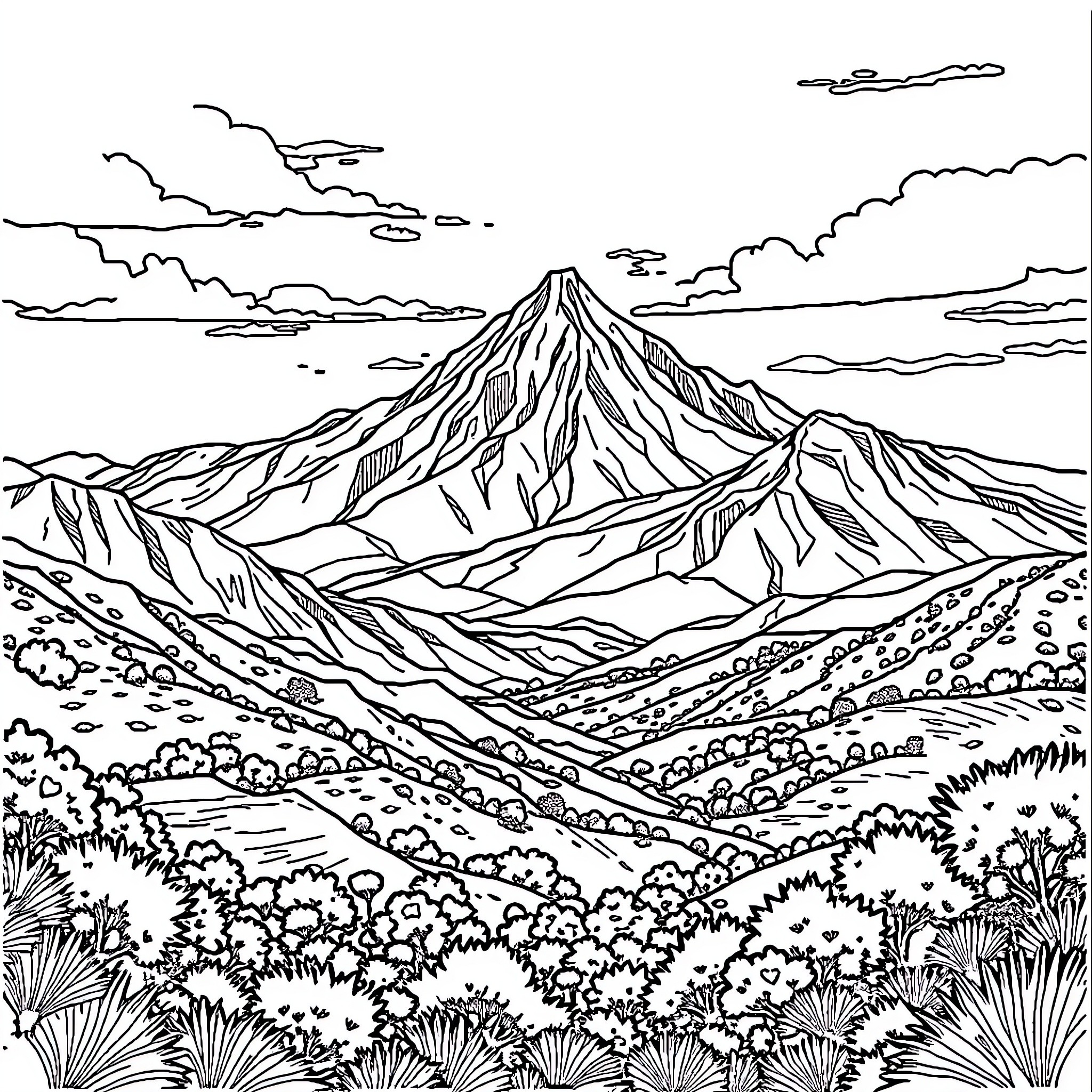 Ethiopia's Rugged Mountainous Landscape Coloring Page (free black-and-white line drawing printable PDF for all, from beginners to advanced learners, including children, teens, adults, and seniors)