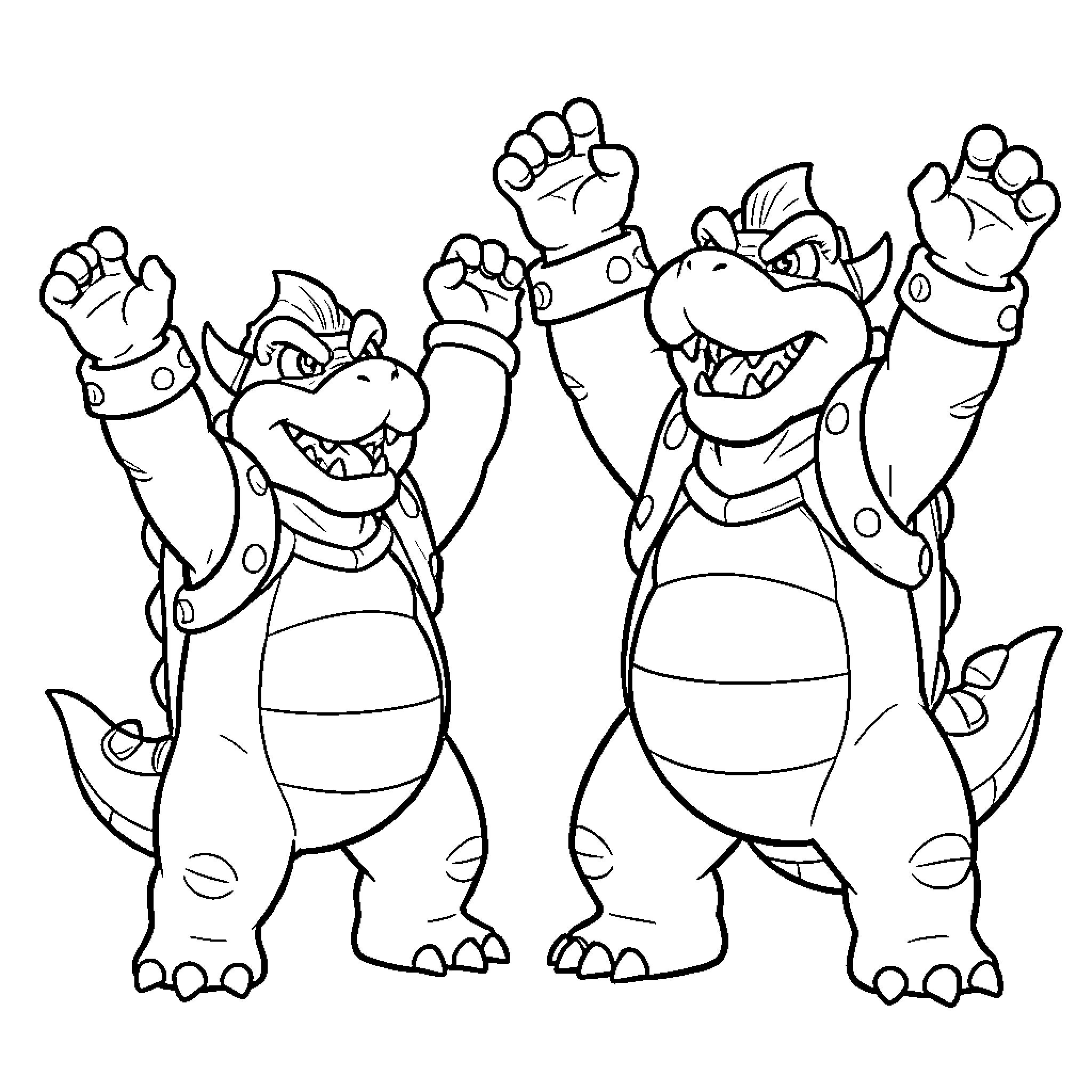 Bowser characters cheering with arms raised high Coloring Page (free black-and-white line drawing printable PDF for all, from beginners to advanced learners, including children, teens, adults, and seniors)