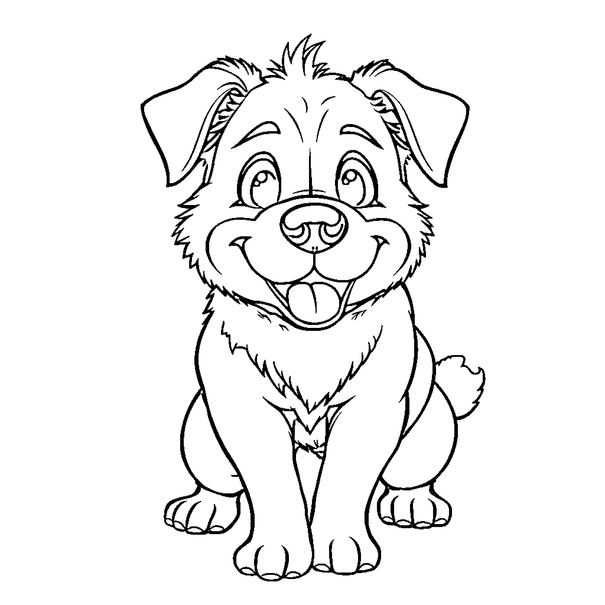 Dog smiling cheerfully in cartoon style Coloring Page (free black-and-white line drawing printable PDF for all, from beginners to advanced learners, including children, teens, adults, and seniors)